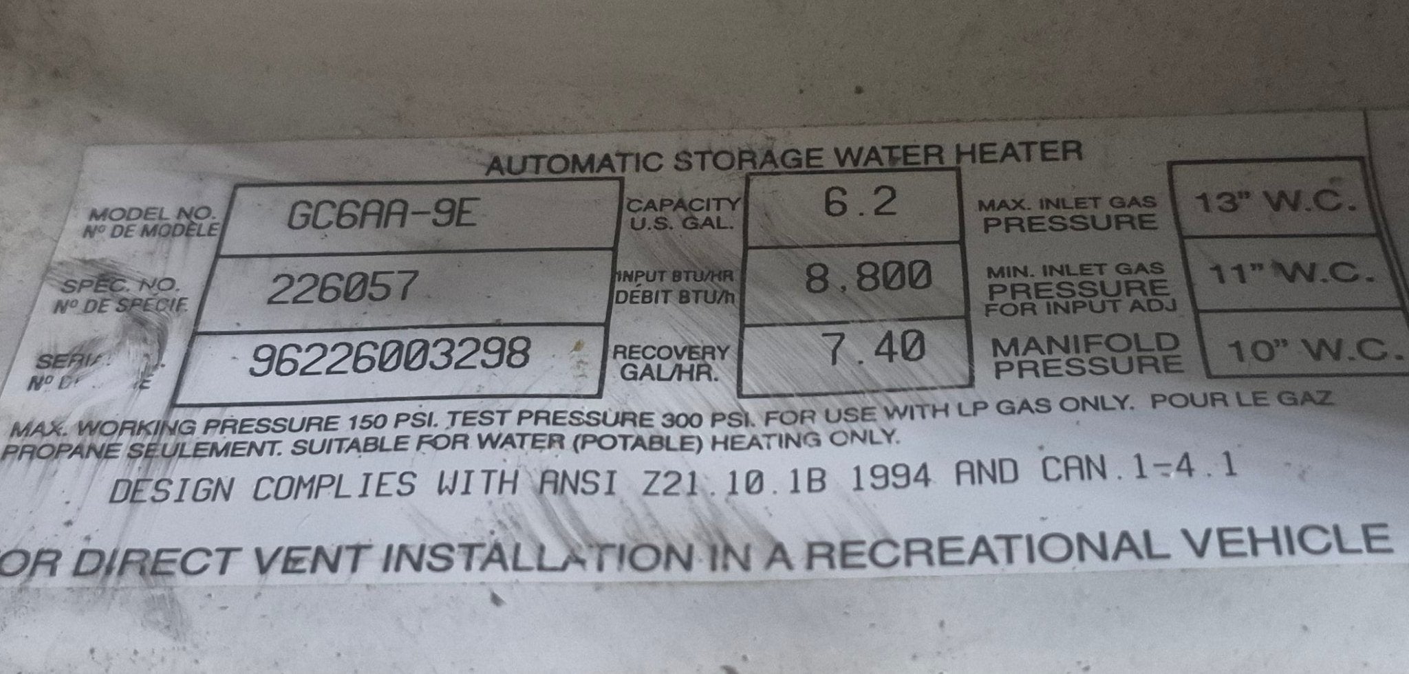 Used Complete Atwood Hot Water Heater, 6 Gal. - GC6AA - 9E - Young Farts RV Parts
