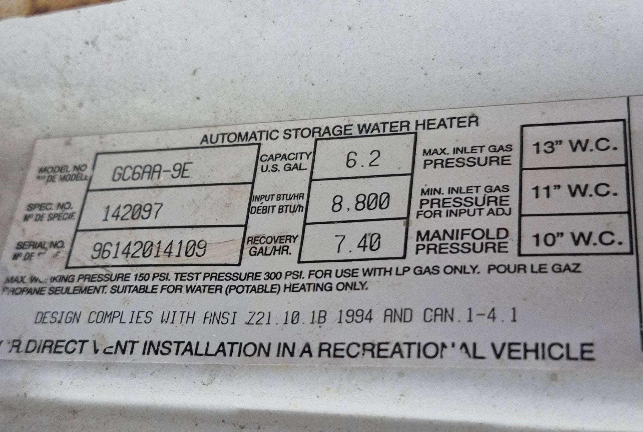 Used Complete Atwood Hot Water Heater, 6 Gal. - GC6AA - 9E - Young Farts RV Parts