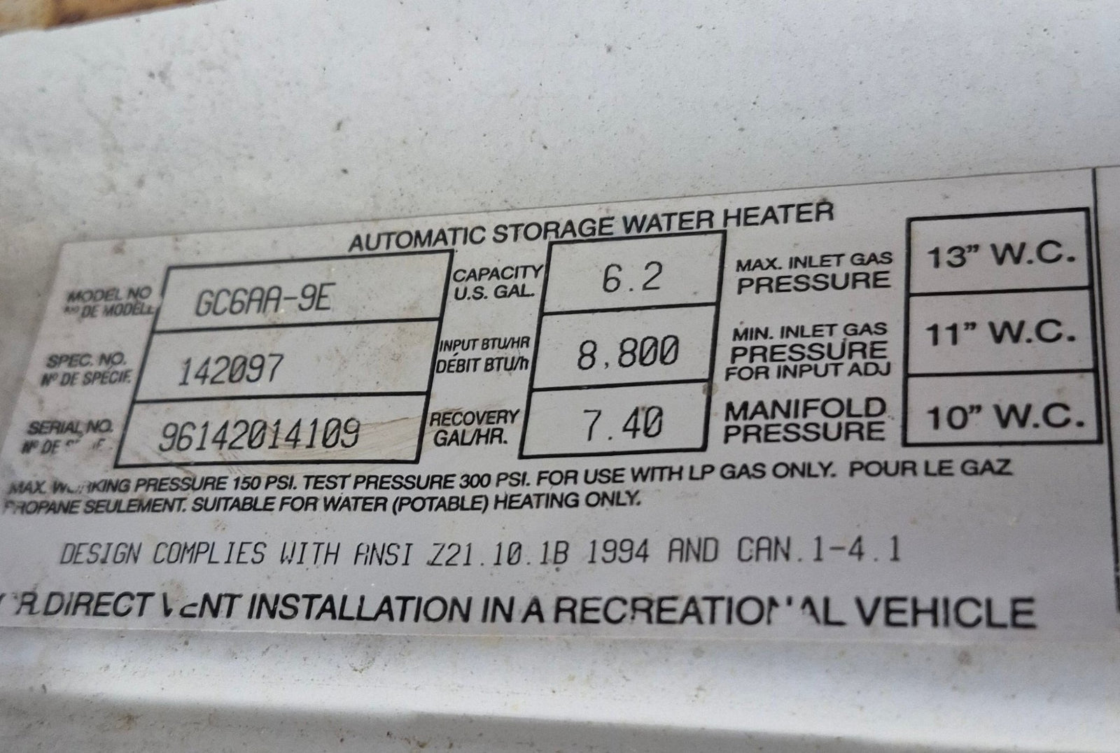 Used Complete Atwood Hot Water Heater, 6 Gal. - GC6AA - 9E - Young Farts RV Parts