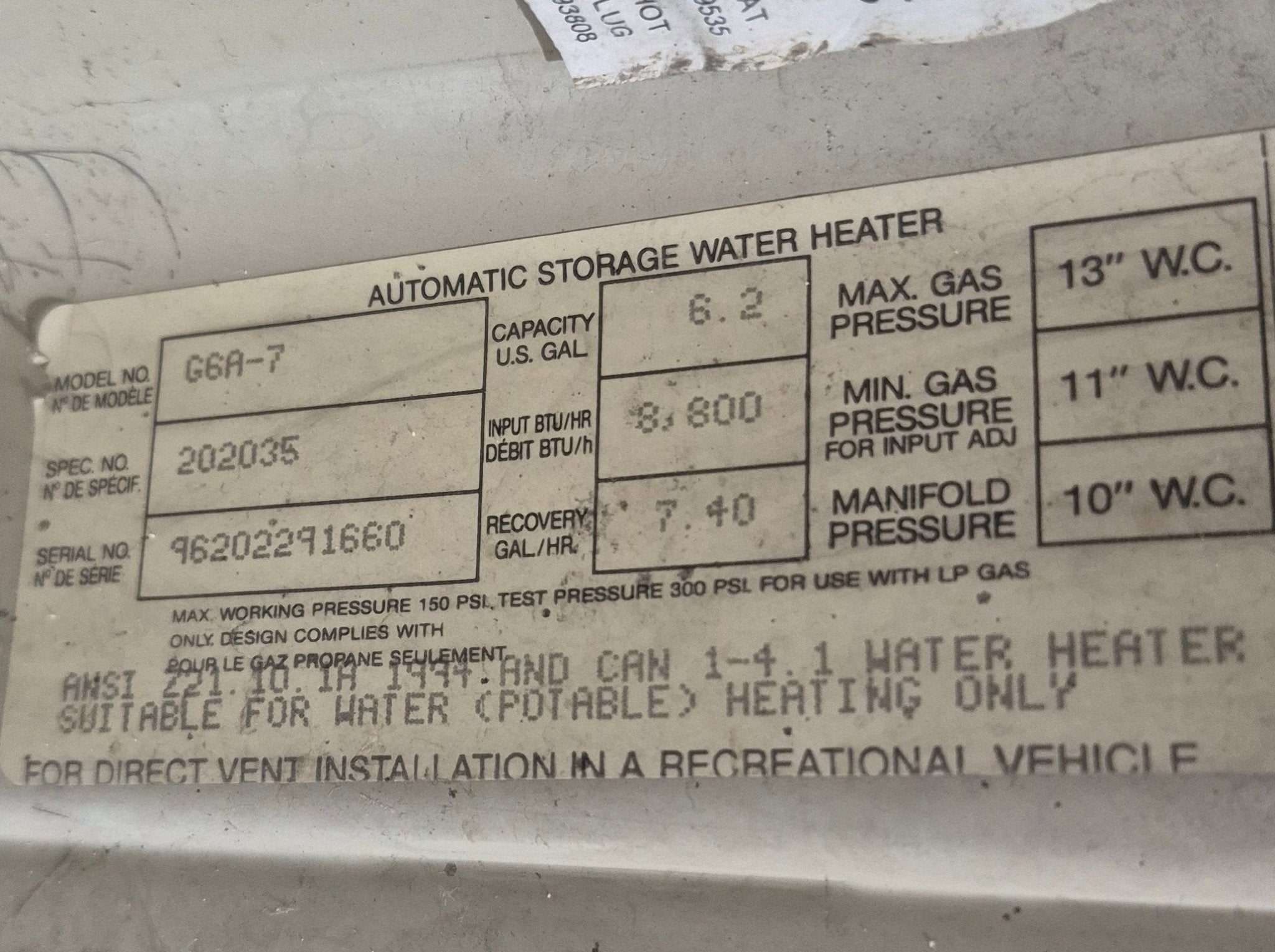 Used Complete Atwood Hot Water Heater, 6 Gallon - G6A - 7 - Young Farts RV Parts