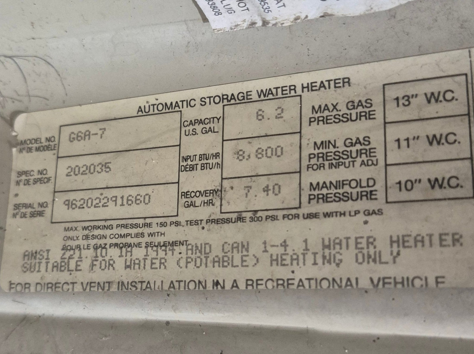 Used Complete Atwood Hot Water Heater, 6 Gallon - G6A - 7 - Young Farts RV Parts