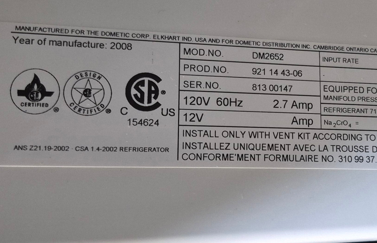 Used Complete Dometic DM2652 Fridge 2 - WAY - Young Farts RV Parts