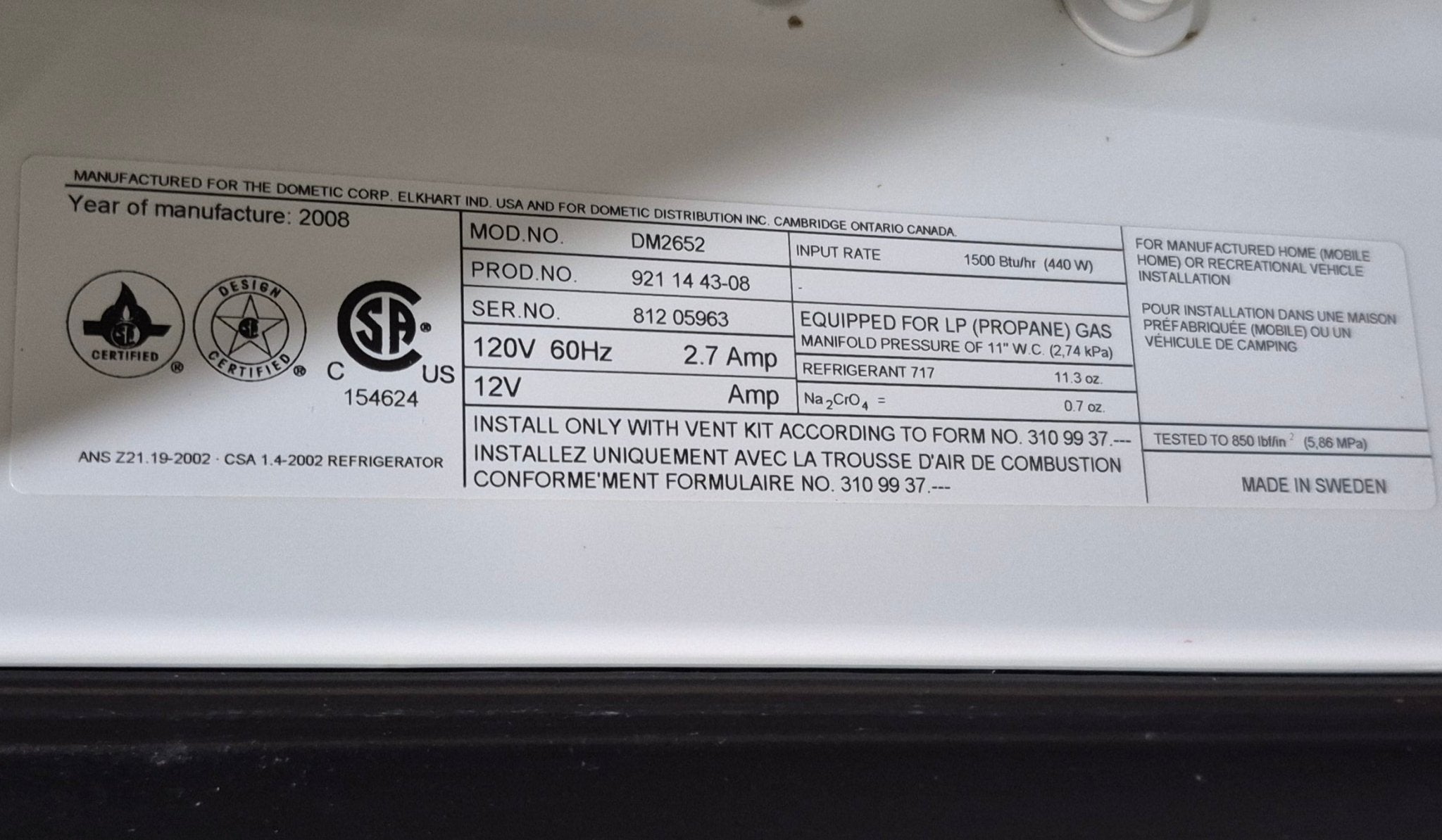 Used Complete Dometic DM2652 Fridge 2 - WAY - Young Farts RV Parts