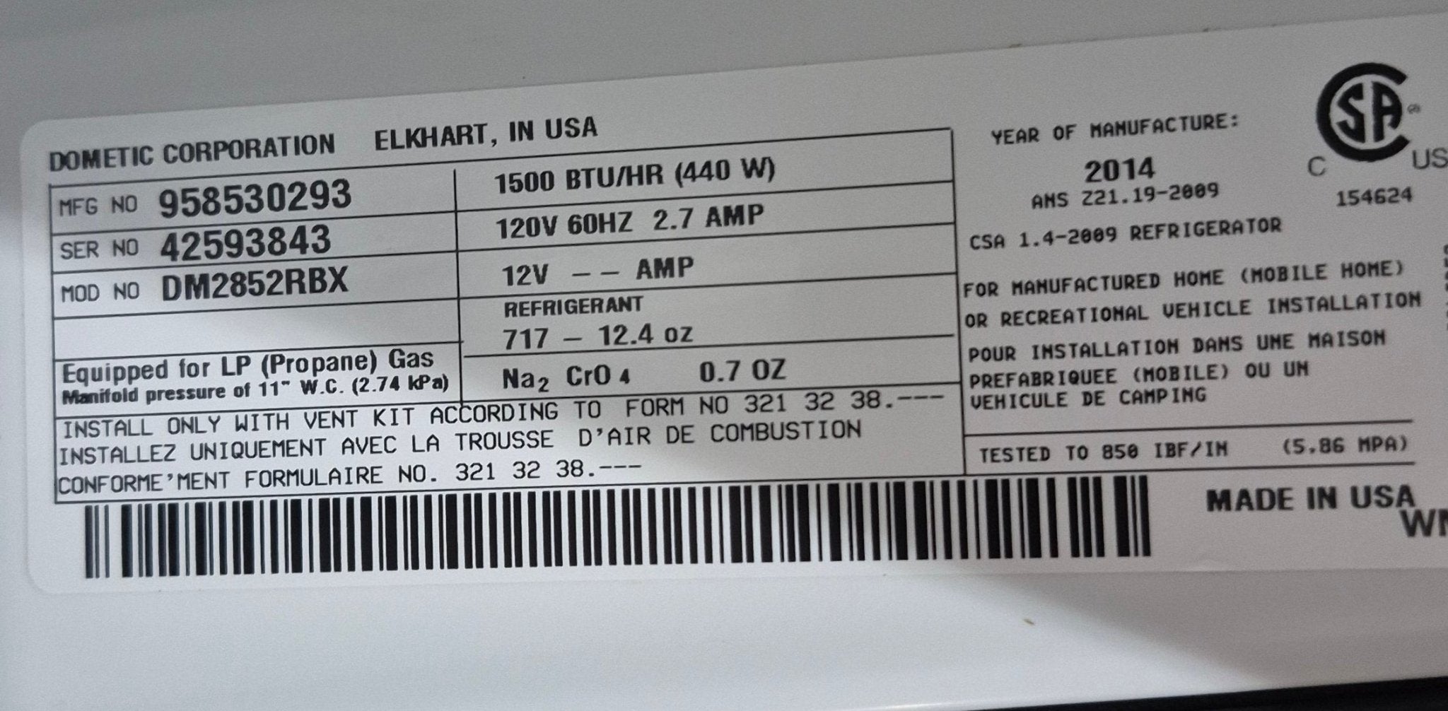 Used Complete Dometic DM2852RBX Fridge 2 - WAY - Young Farts RV Parts