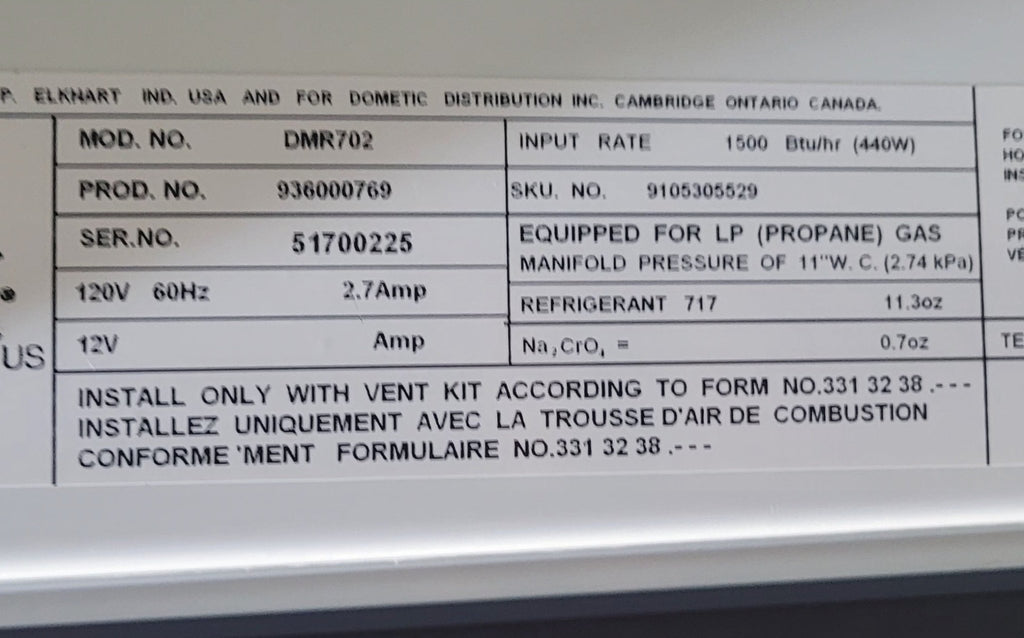 Used Complete Dometic DMR702 Fridge 2 - WAY - Young Farts RV Parts