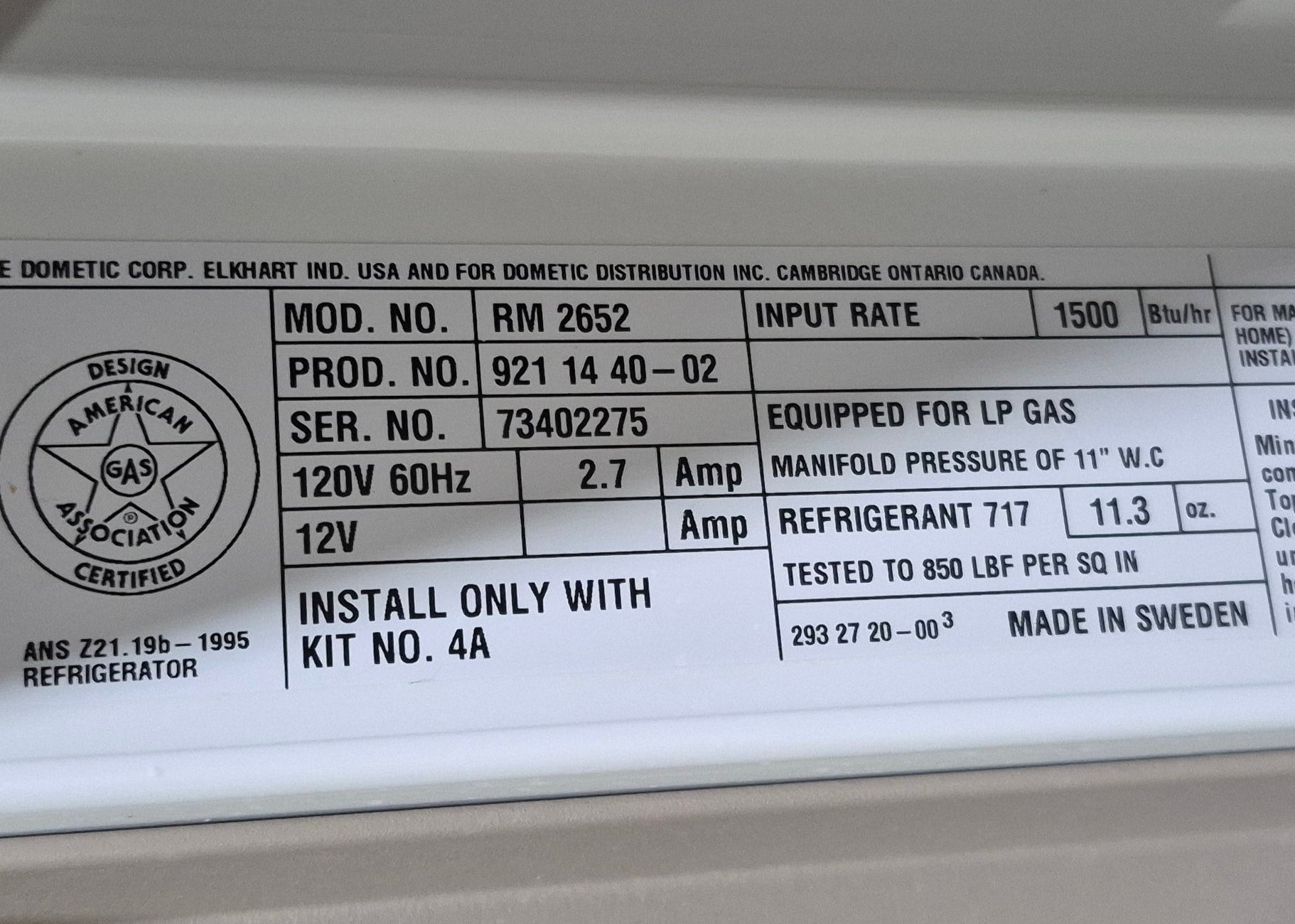 Used Complete Dometic Fridge, 2 - WAY - RM2652 - Young Farts RV Parts