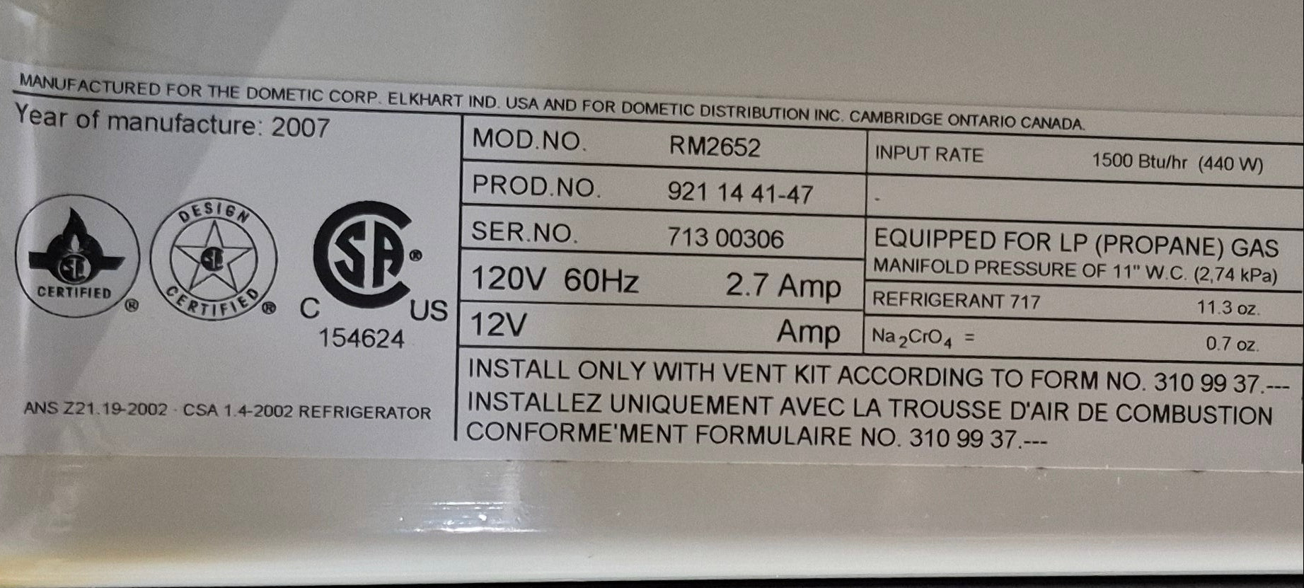 Used Complete Dometic Fridge, 2 - WAY - RM2652 - Young Farts RV Parts