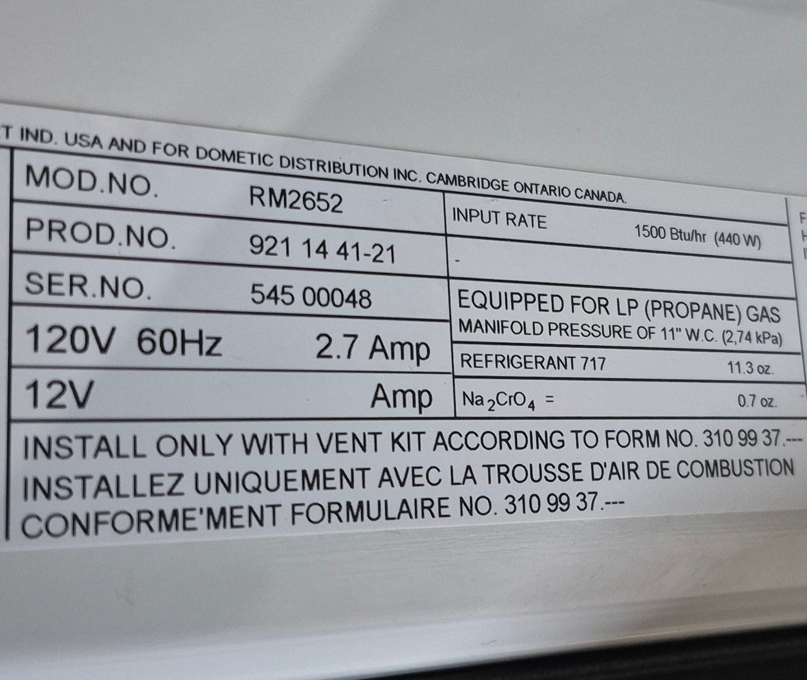 Used Complete Dometic Fridge, 2 - WAY - RM2652 - Young Farts RV Parts
