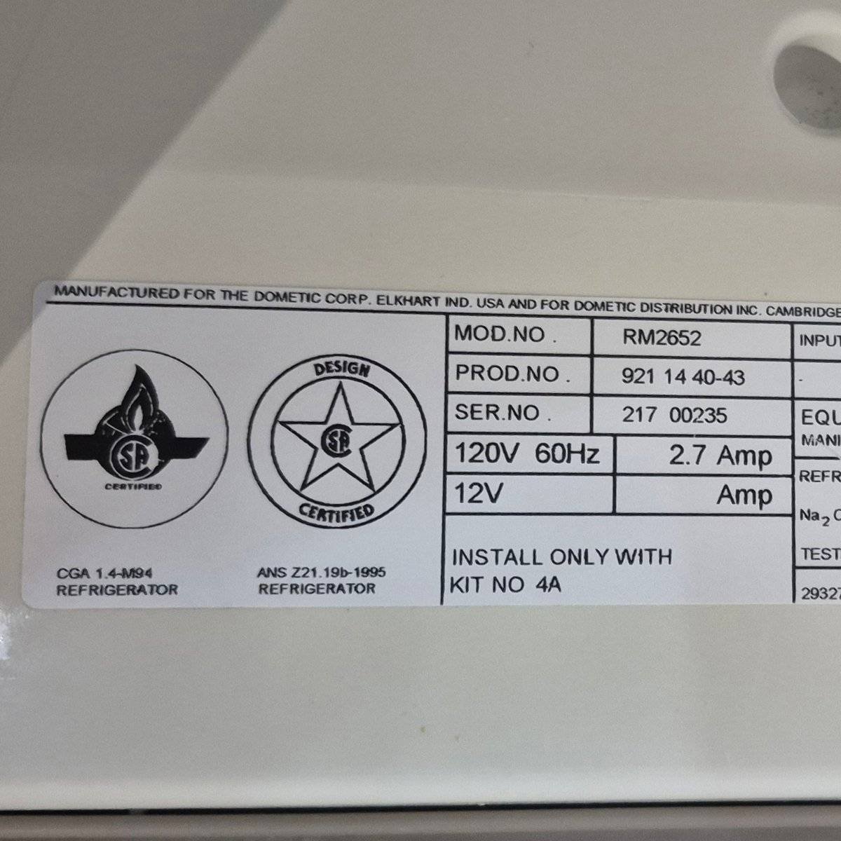 Used Complete Dometic Fridge, 2 - Way - RM2652 - Young Farts RV Parts