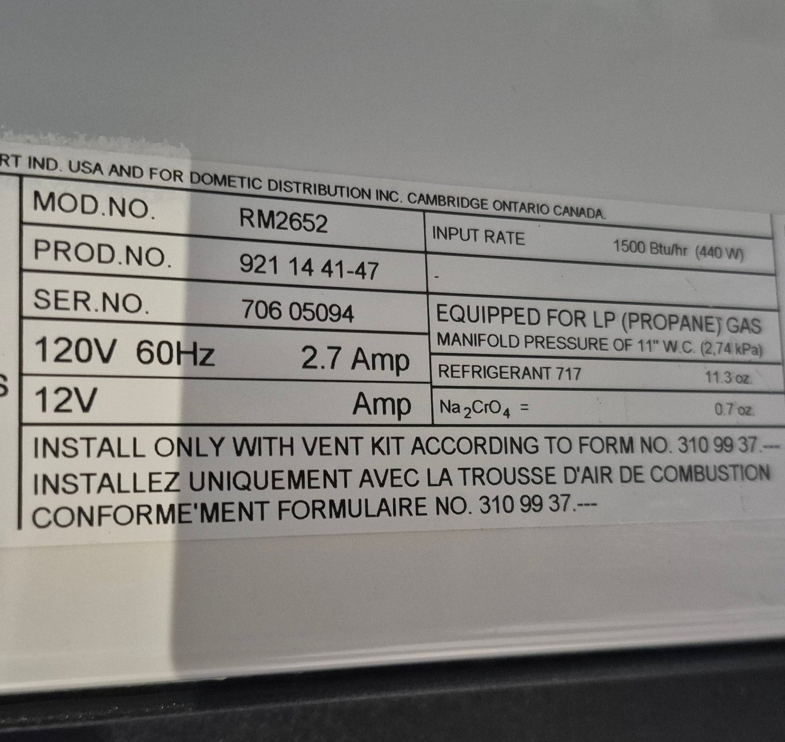 Used Complete Dometic Fridge, 2 - WAY - RM2652 - Young Farts RV Parts
