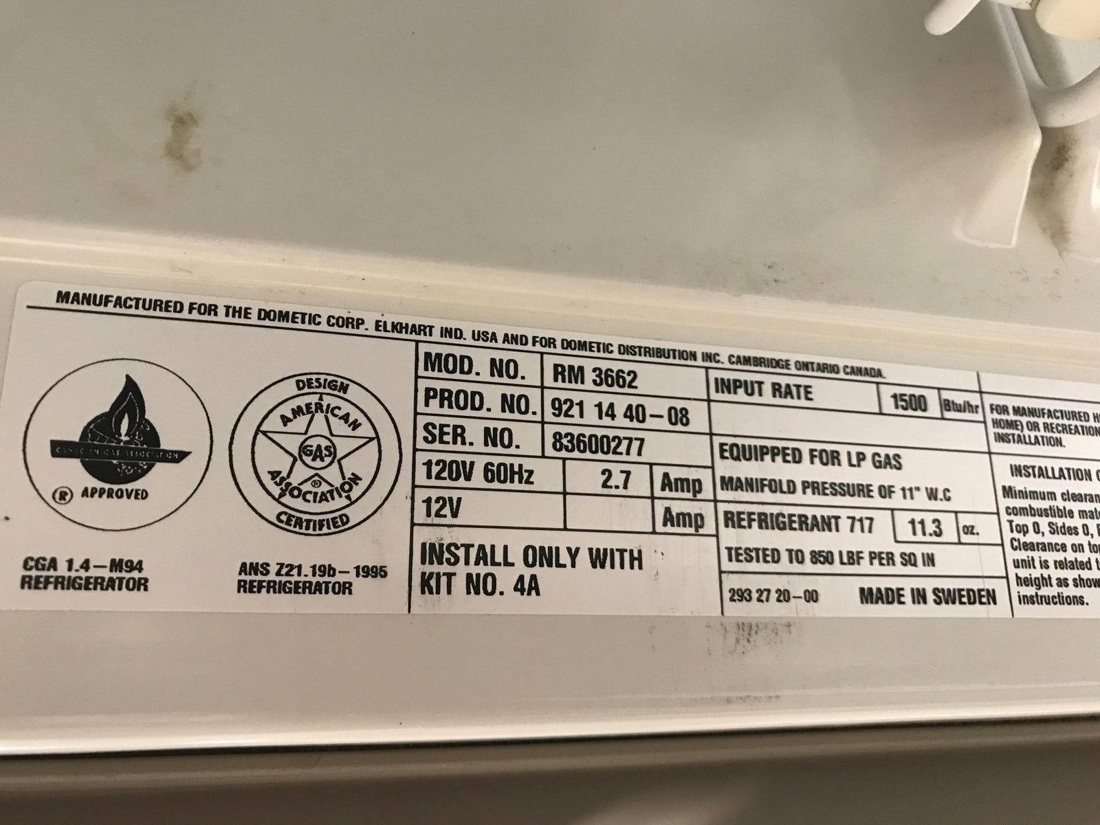 Used Complete Dometic Fridge, 2 - WAY - RM3662 - Young Farts RV Parts