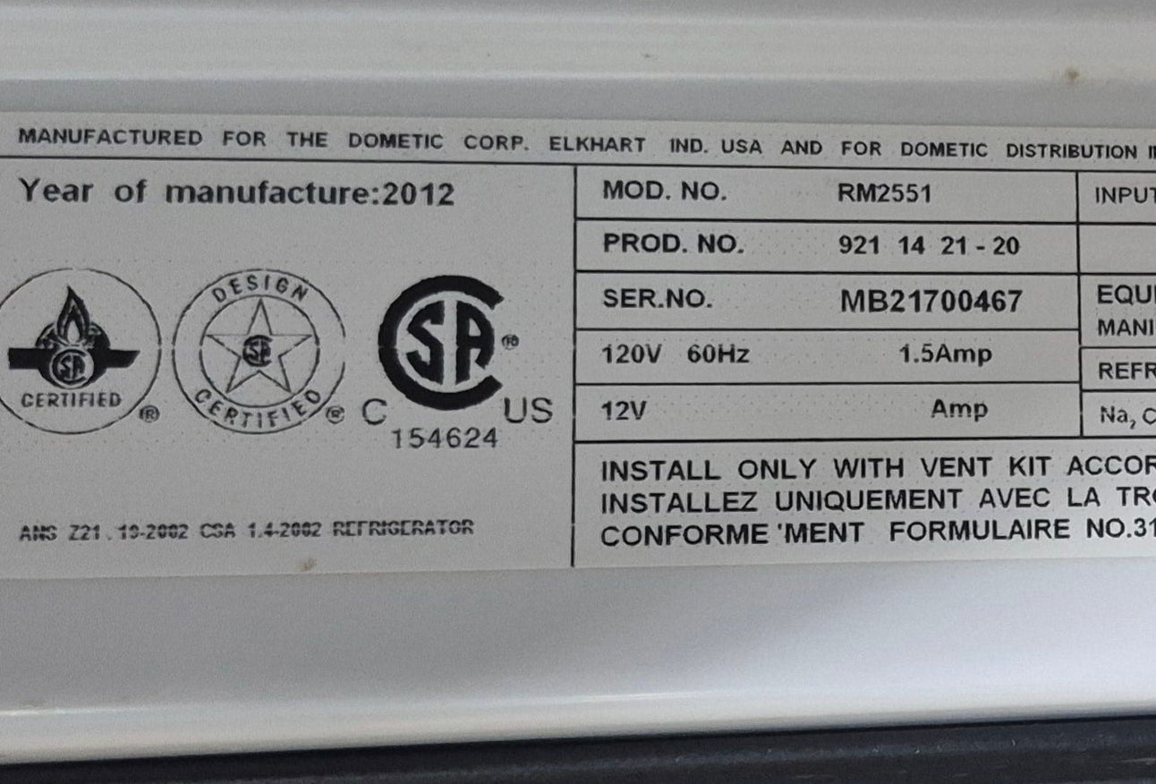 Used Complete Dometic RM2551 Fridge 2 - WAY - Young Farts RV Parts