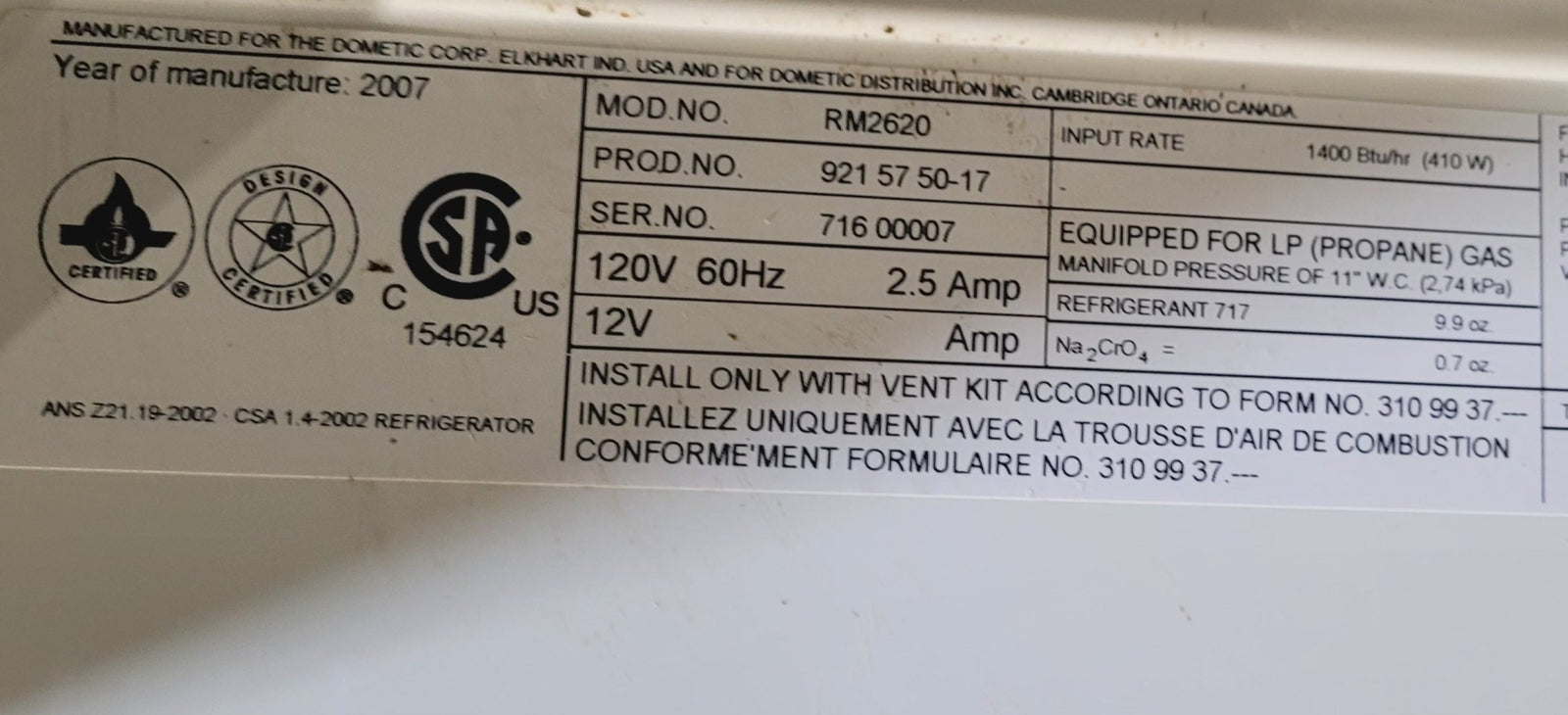 Used Complete Dometic RM2620 Fridge 2 - Way - Young Farts RV Parts