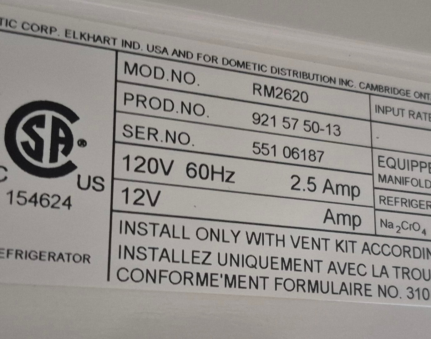 Used Complete Dometic RM2620 Fridge 2 - Way - Young Farts RV Parts