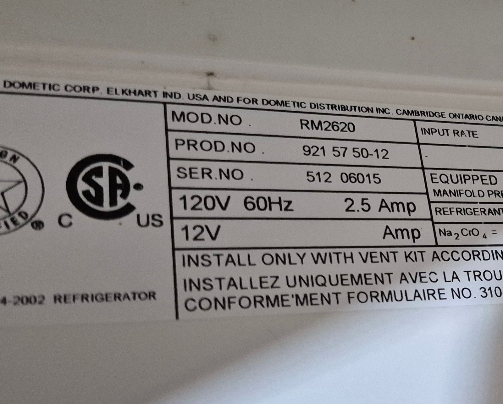 Used Complete Dometic RM2620 Fridge 2 - Way - Young Farts RV Parts