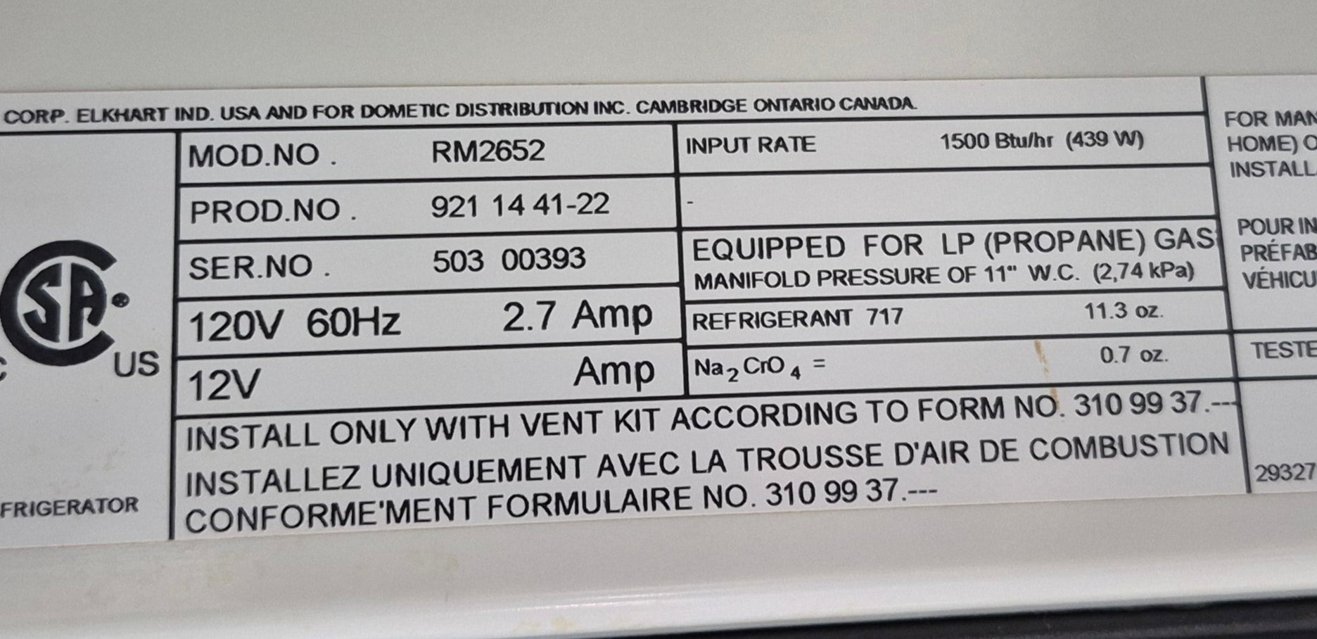 Used Complete Dometic RM2652 Fridge 2 - WAY - Young Farts RV Parts