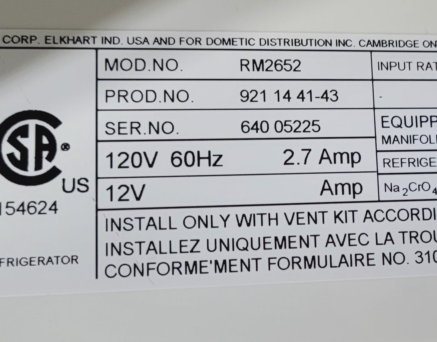 Used Complete Dometic RM2652 Fridge 2 - WAY - Young Farts RV Parts