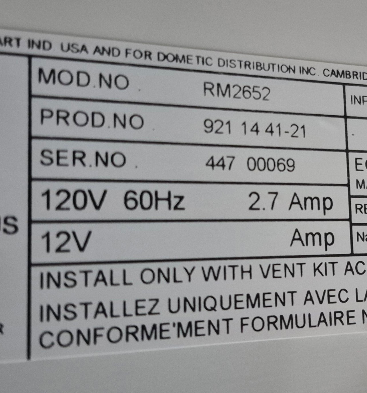 Used Complete Dometic RM2652 Fridge 2-WAY - Young Farts RV Parts