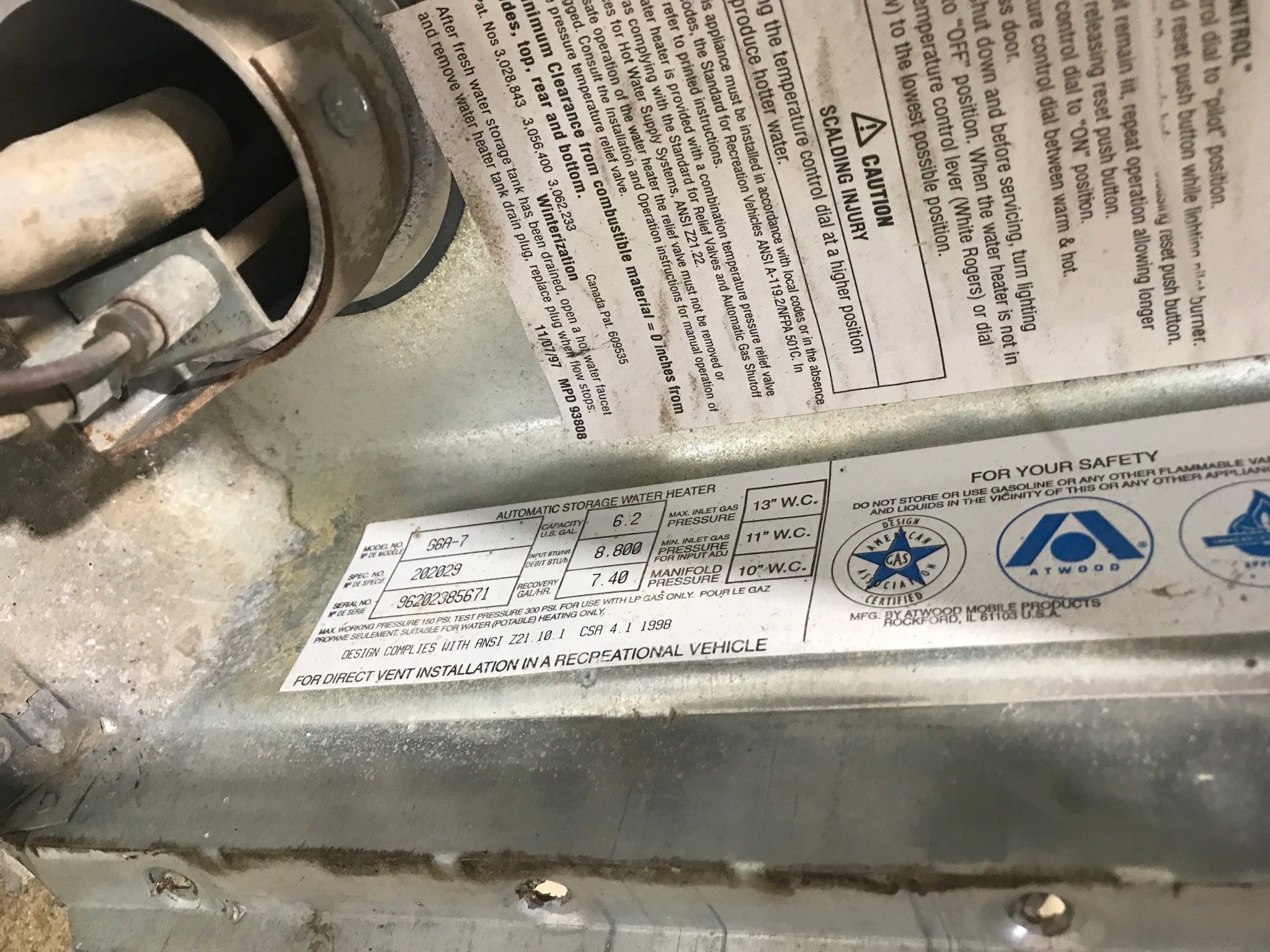 Used Complete G6A - 7 Atwood Hot Water Heater 6 Gal. - Young Farts RV Parts