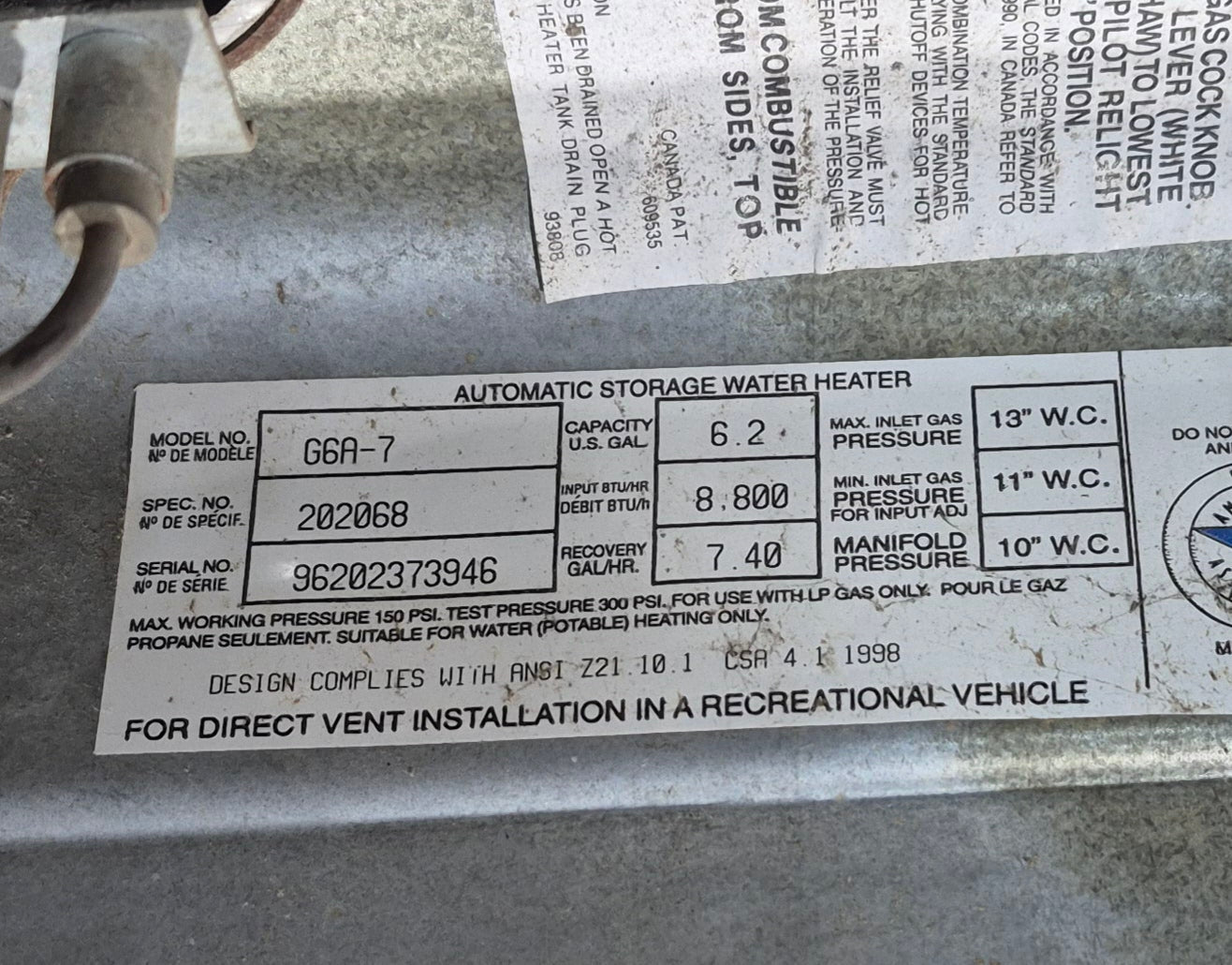 Used Complete G6A - 7 Atwood Hot Water Heater 6 Gallon - Young Farts RV Parts