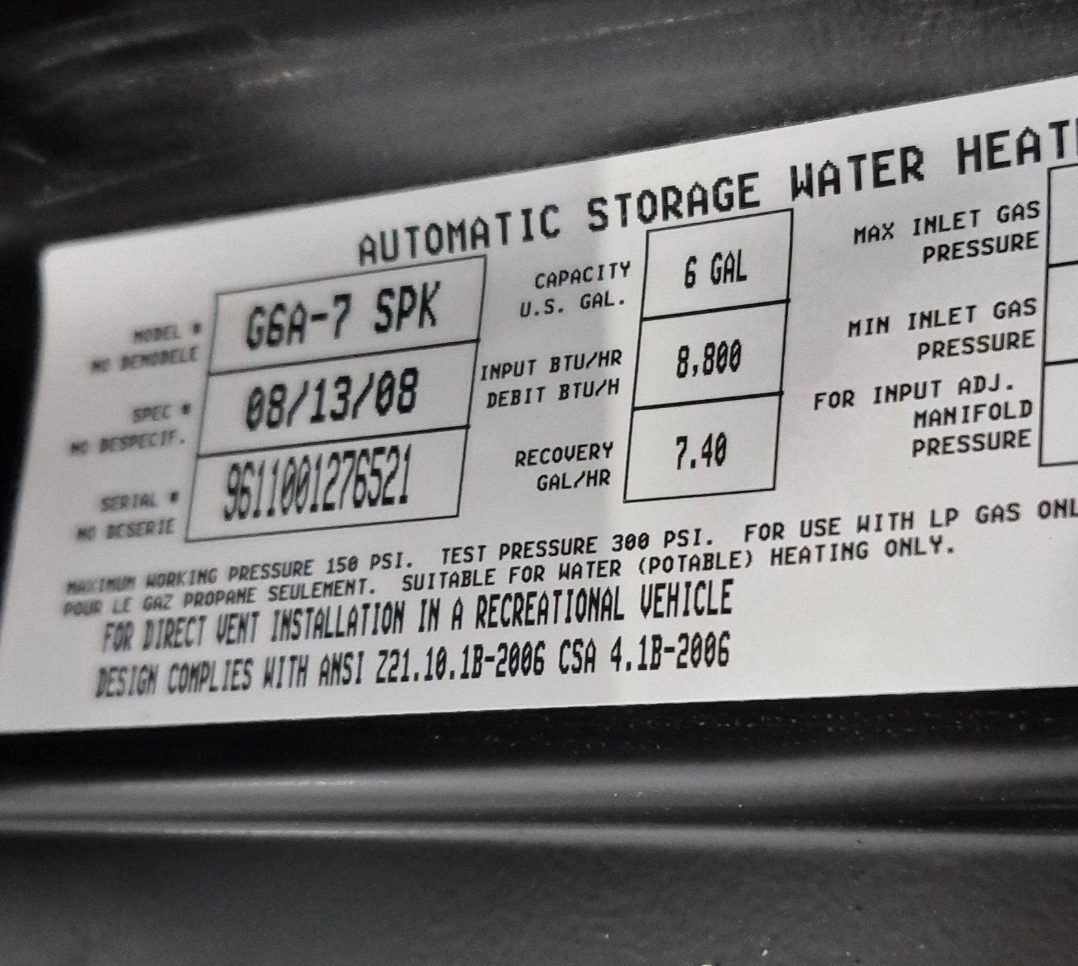 Used Complete G6A - 7 SPK Atwood Hot Water Heater 6 Gallon - Young Farts RV Parts