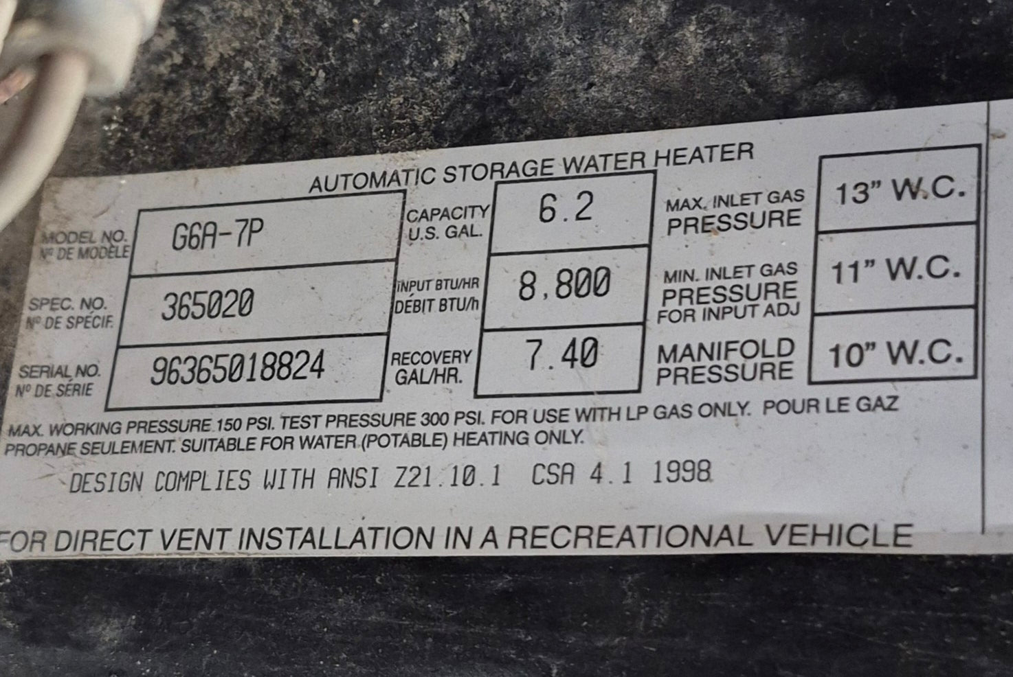 Used Complete G6A - 7P Atwood Hot Water Heater 6 Gal. - Young Farts RV Parts