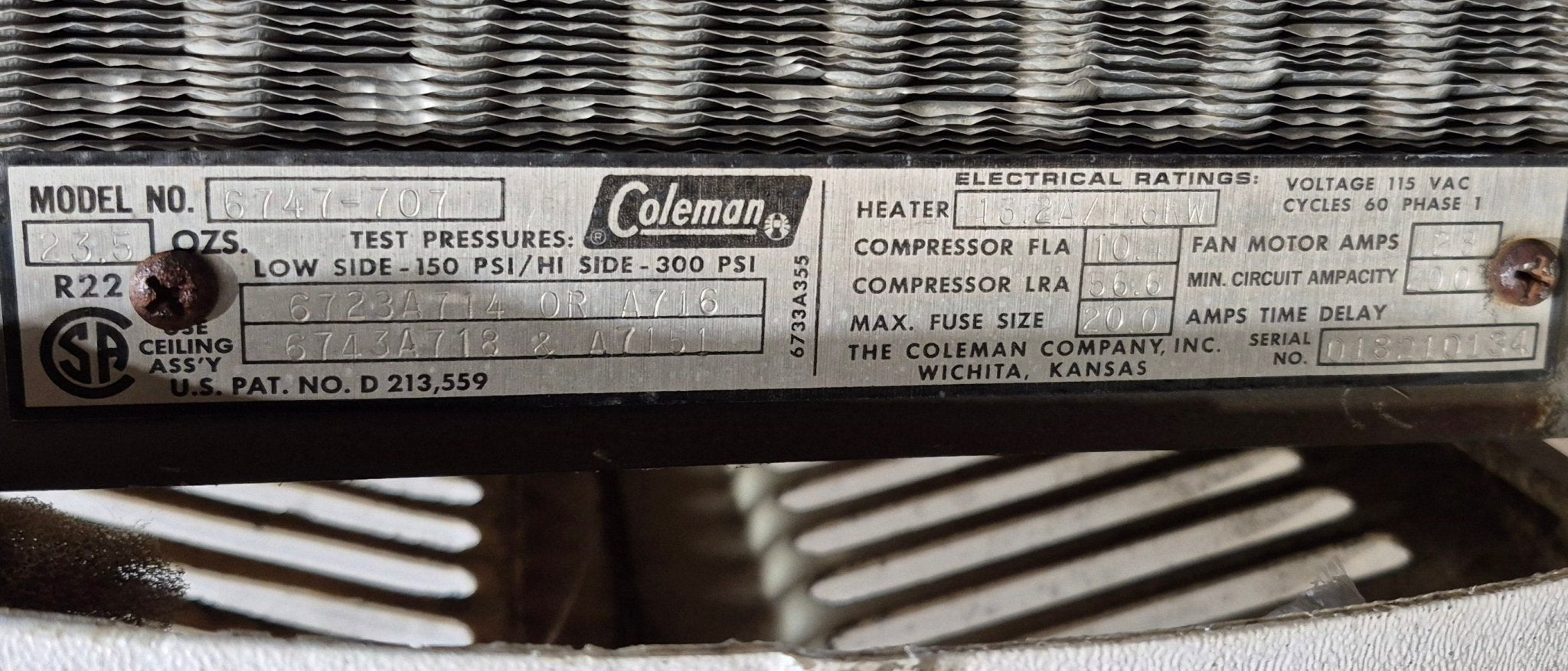 Used Complete Mach 1 Coleman Air Conditioner 6747 - 707 - 13500BTU Cool Only - 3 BOLT MOUNT - Young Farts RV Parts