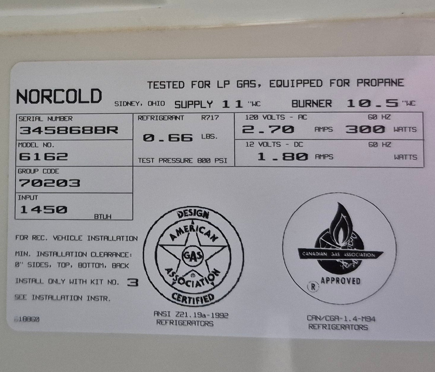 Used Complete Norcold Fridge, 2 - Way - 6162 - Young Farts RV Parts