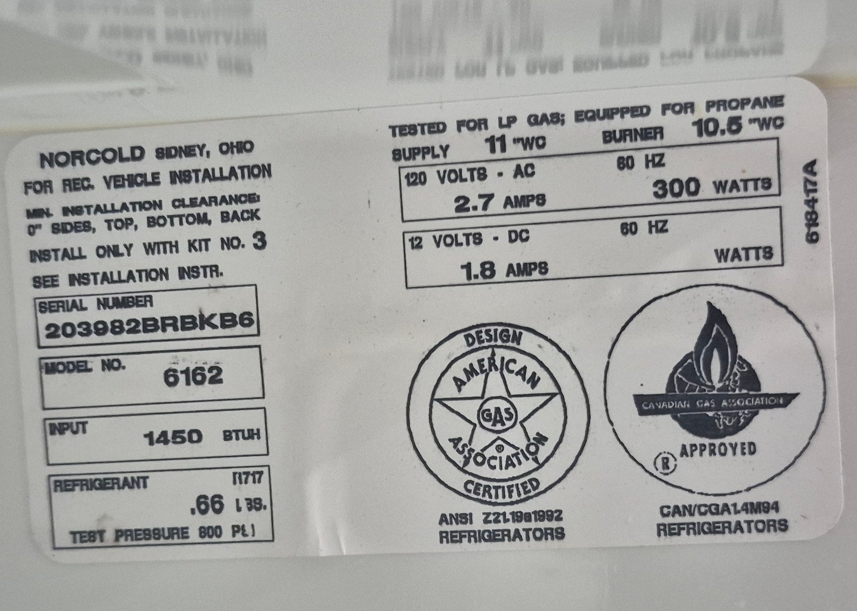 Used Complete Norcold Fridge, 2 - Way - 6162 - Young Farts RV Parts