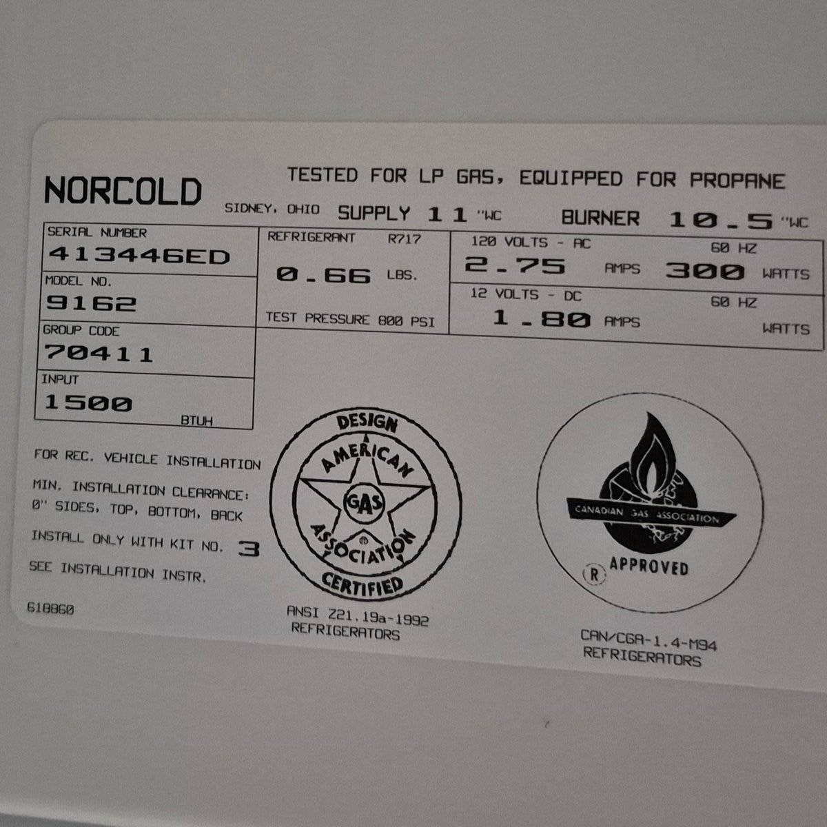 Used Complete Norcold Fridge, 2 - WAY - 9162 - Young Farts RV Parts