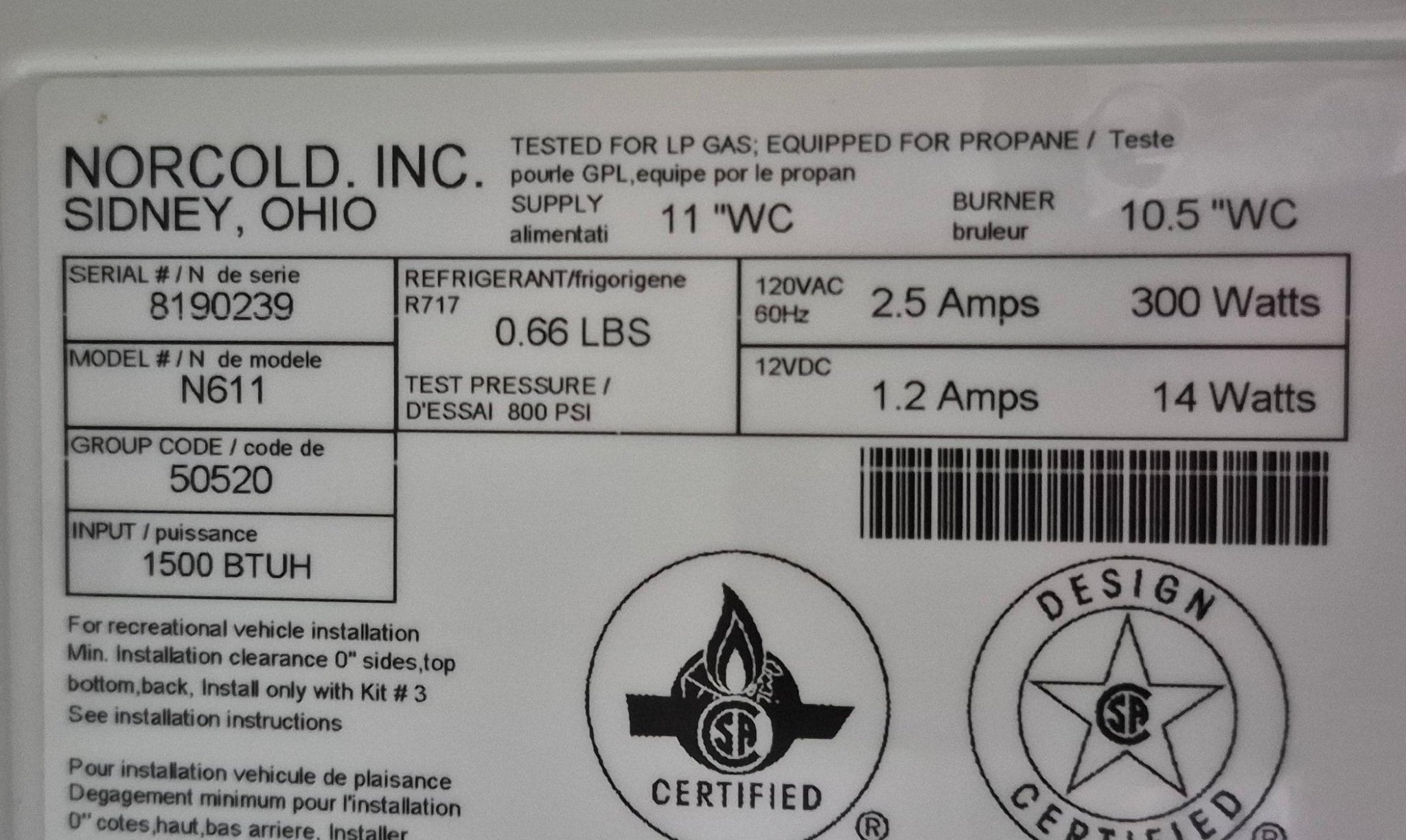 Used Complete Norcold Fridge, 2 - Way - N611 - Young Farts RV Parts