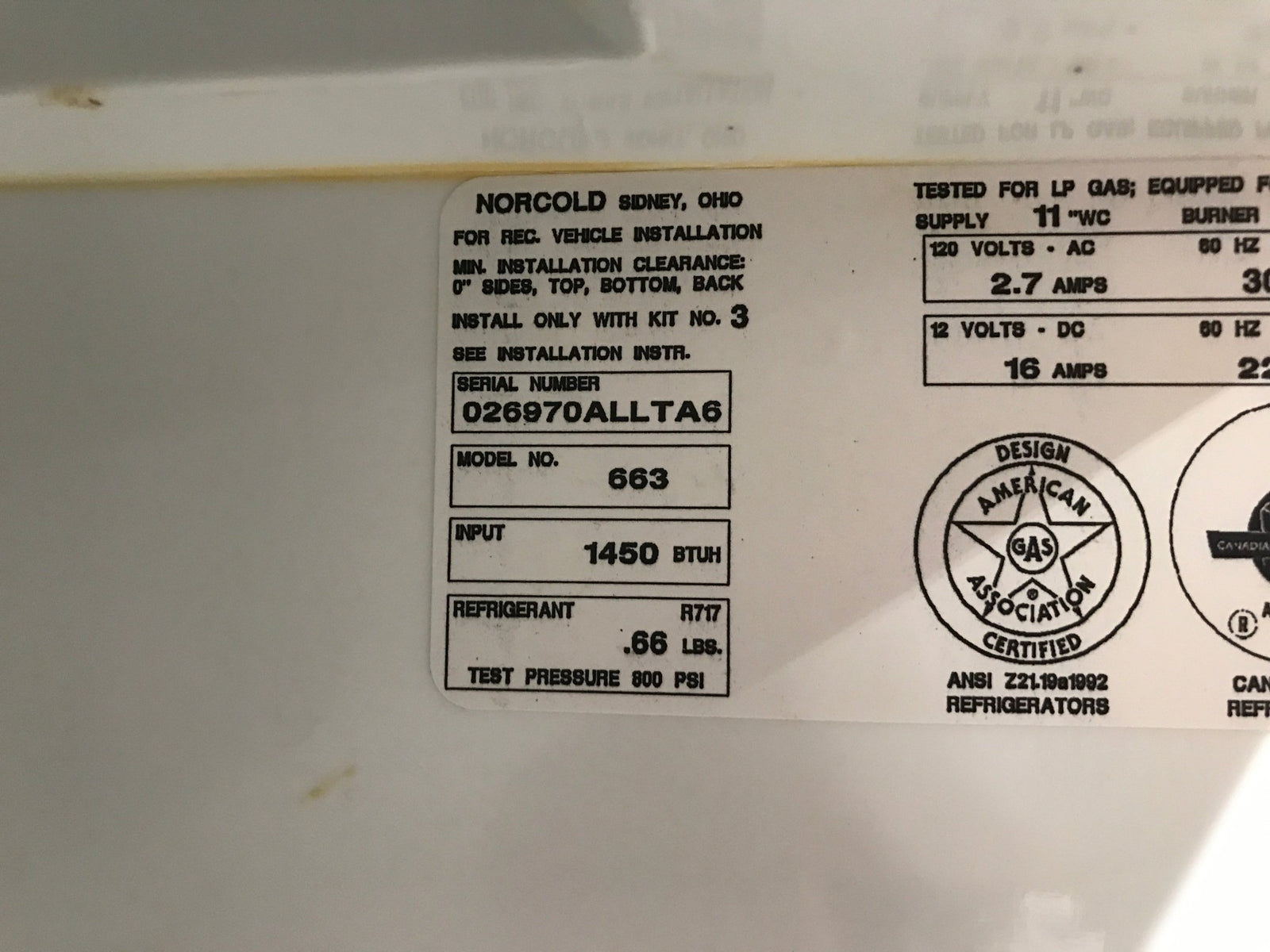 Used Complete Norcold Fridge, 3 - Way - 663 - Young Farts RV Parts