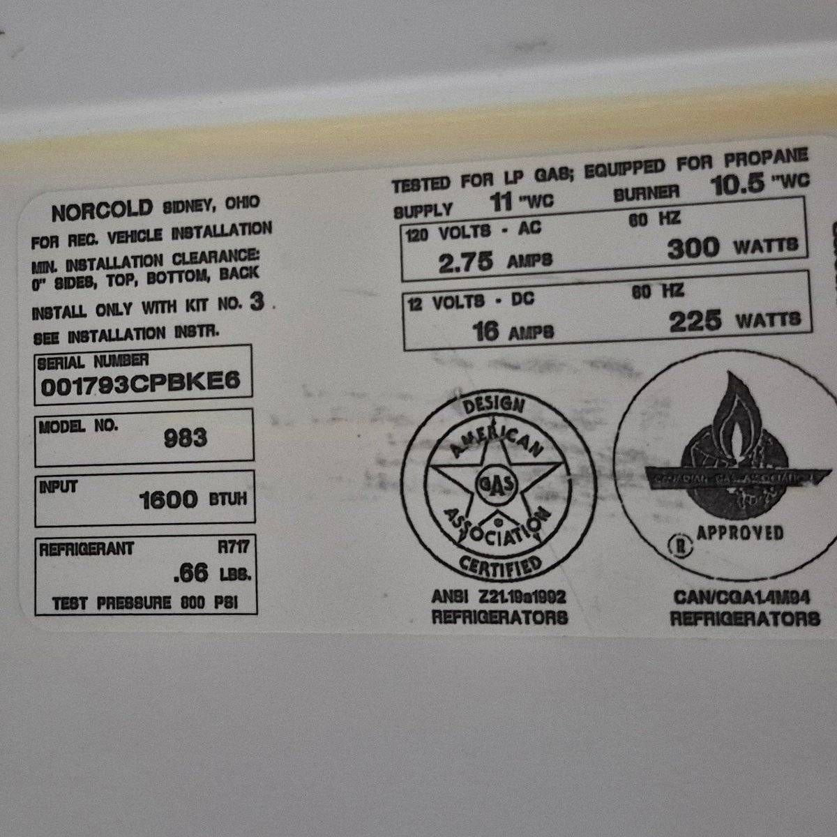 Used Complete Norcold Fridge, 3-Way - 983 - Young Farts RV Parts