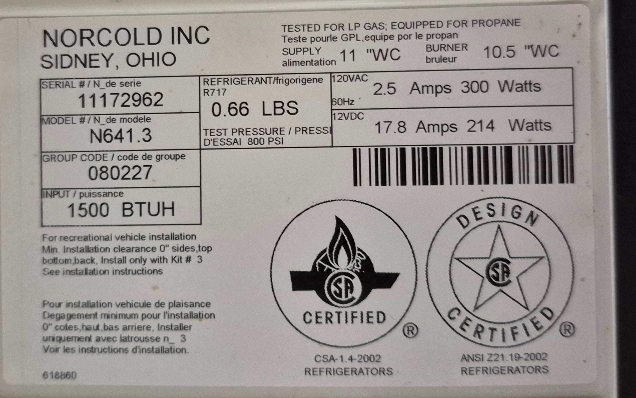 Used Complete Norcold N641.3 Fridge 3 - way - Young Farts RV Parts