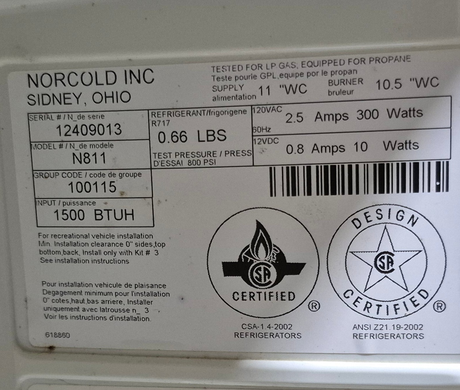 Used Complete Norcold N811 Fridge 2 - Way - Young Farts RV Parts