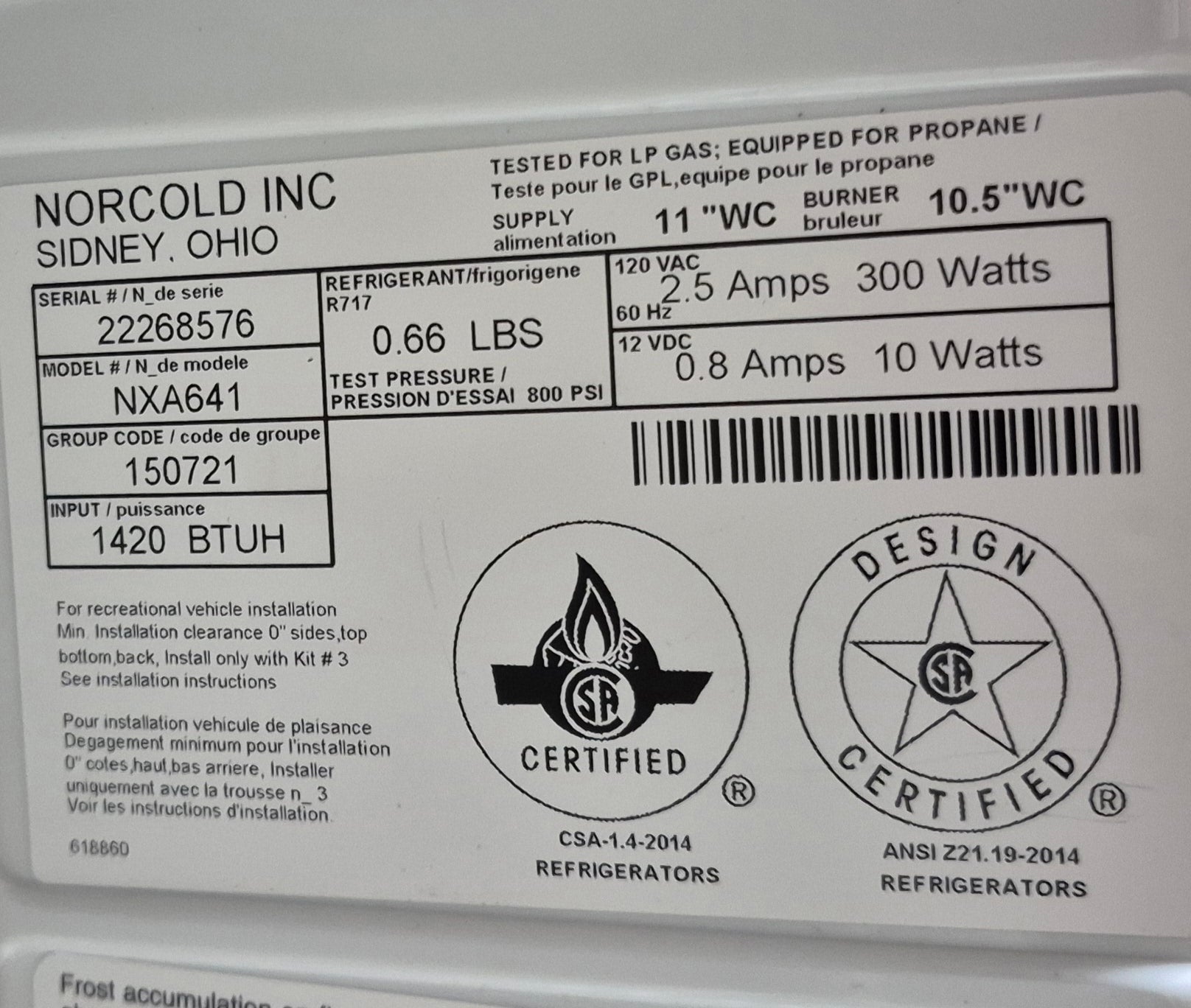 Used Complete Norcold NXA641 Fridge 2 - Way - Young Farts RV Parts