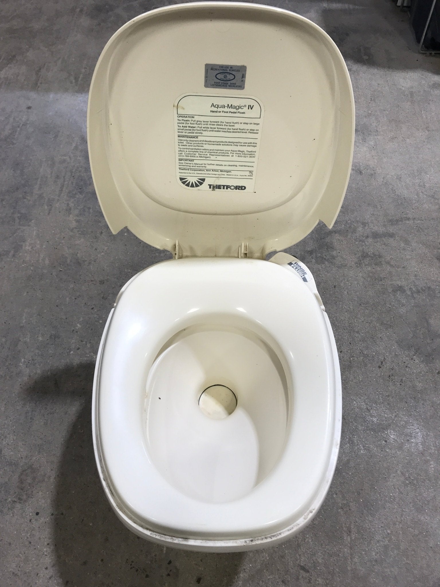 Used Complete Thetford 20920 AQUA MAGIC IV Toilet - Hand Flush, High Profile, Off - White - Young Farts RV Parts