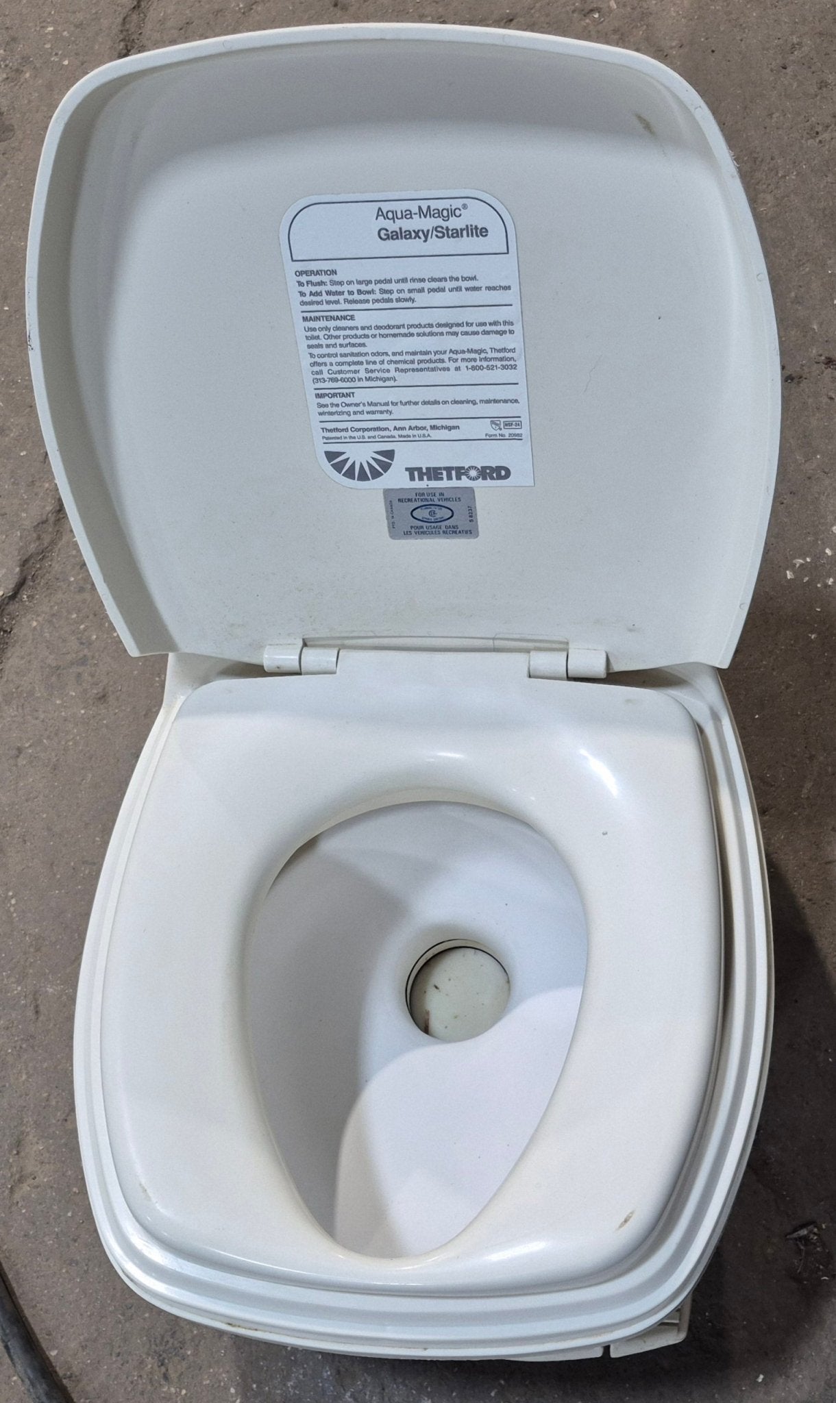 Used Complete Thetford Aqua - Magic StarLite Toilet 20900 - Foot Flush, Low Profile, Bone - Young Farts RV Parts