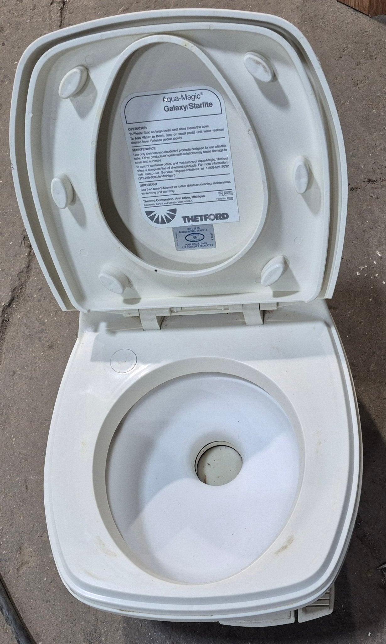 Used Complete Thetford Aqua - Magic StarLite Toilet 20900 - Foot Flush, Low Profile, Bone - Young Farts RV Parts