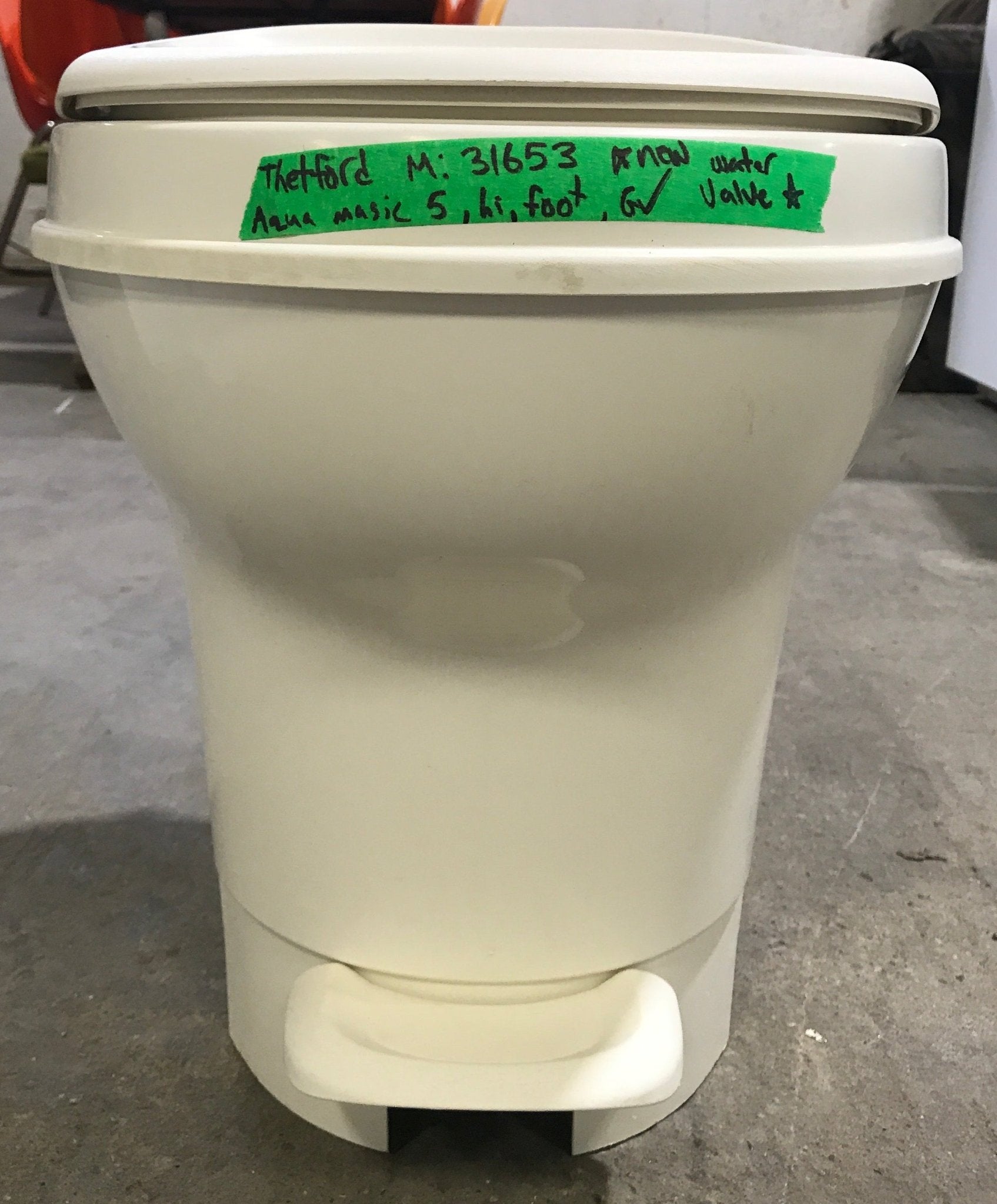 Used Complete Thetford Toilet , High Profile, Foot Flush, Parchment - Aqua - Magic V , 31653 - Young Farts RV Parts