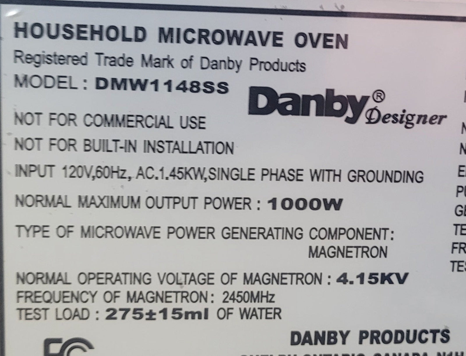 Used DANBY RV Microwave 20 3/4