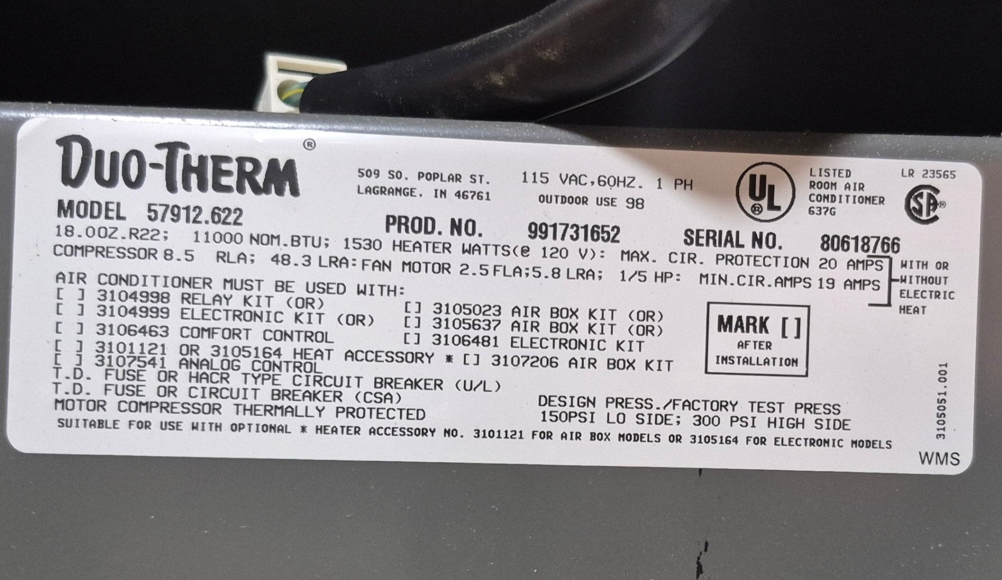 Used Duo - Therm Air Conditioner Complete 57912.622 - 11000 BTU Cool Only - Young Farts RV Parts