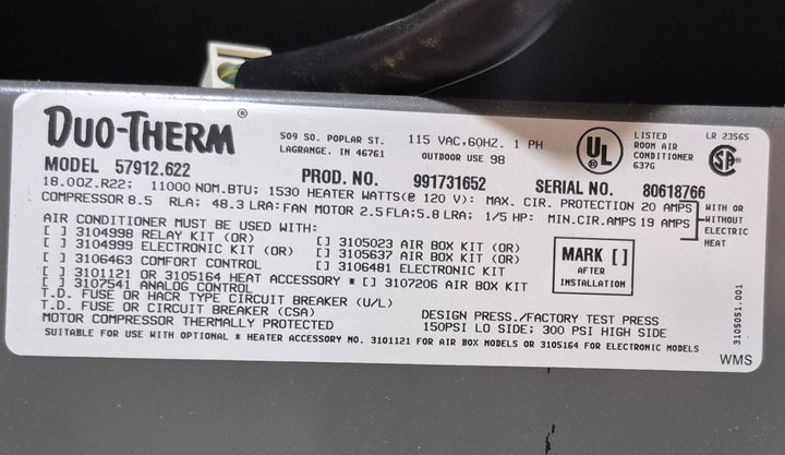 Used Duo - Therm Air Conditioner Complete 57912.622 - 11000 BTU Cool Only - Young Farts RV Parts