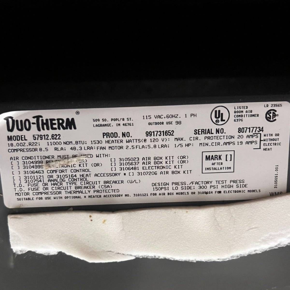Used Duo - Therm Air Conditioner, Head Unit, 11000 BTU, Cool Only - 57912.622 - Young Farts RV Parts