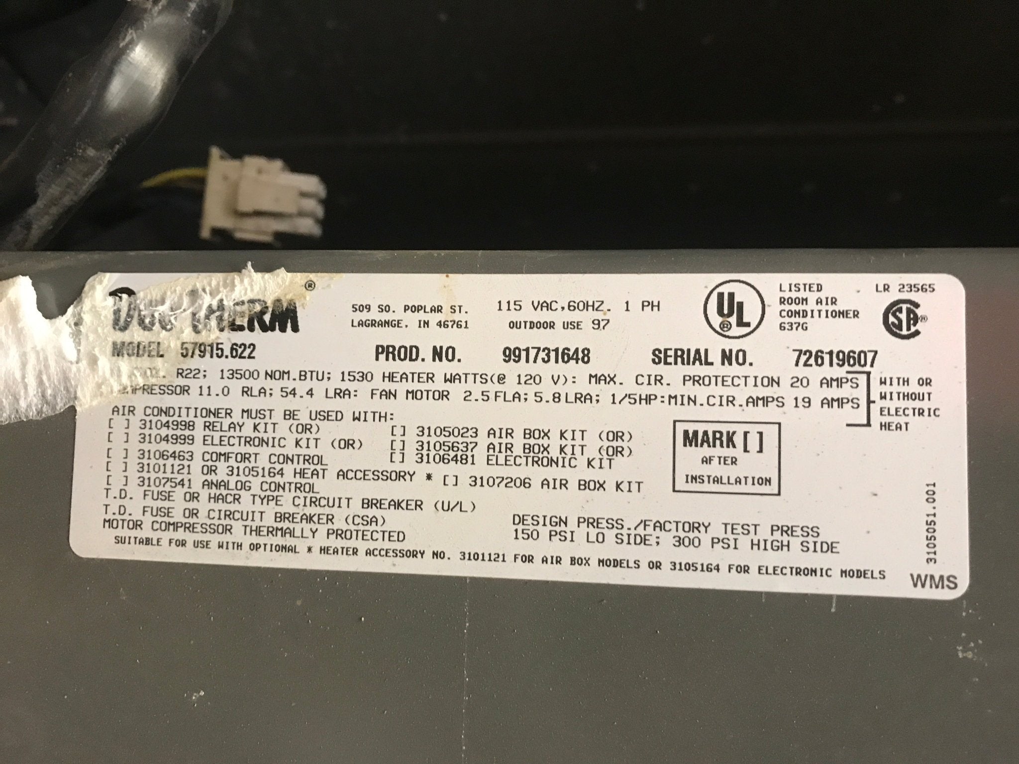 Used Duo - Therm Air Conditioner Head Unit, 13500 BTU, Cool Only - 57915.622 - Young Farts RV Parts