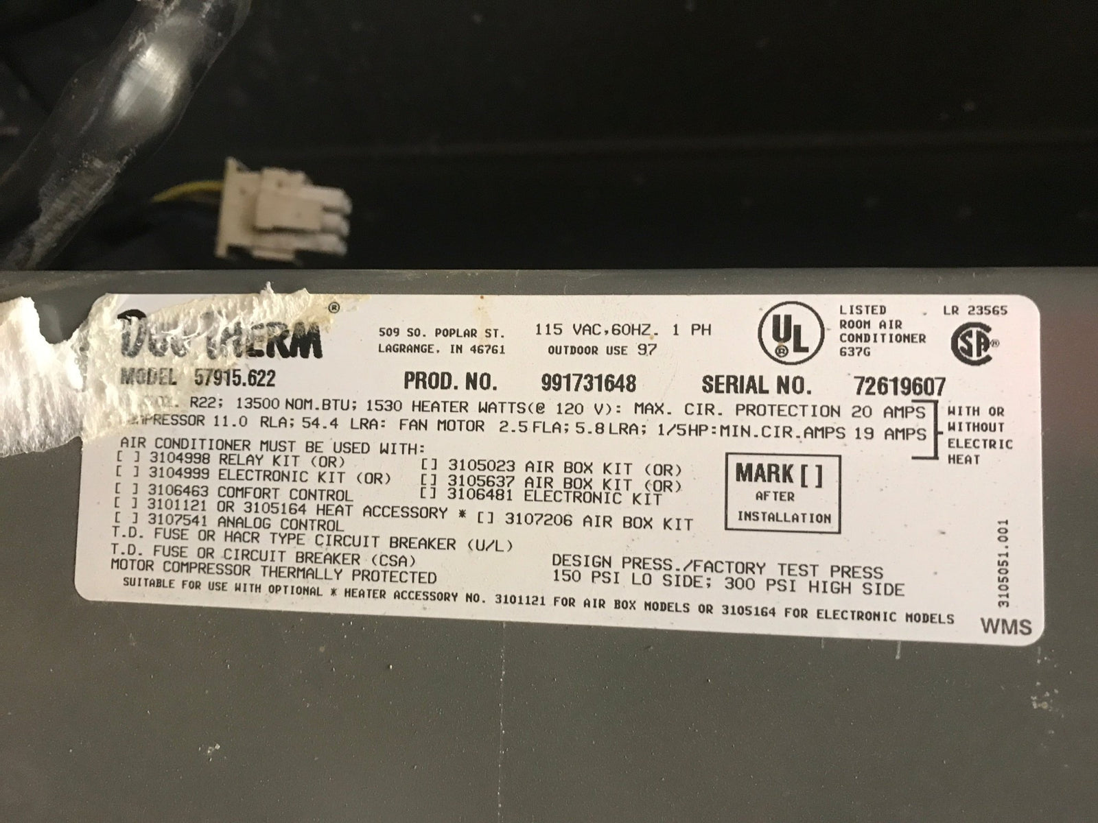 Used Duo - Therm Air Conditioner Head Unit, 13500 BTU, Cool Only - 57915.622 - Young Farts RV Parts