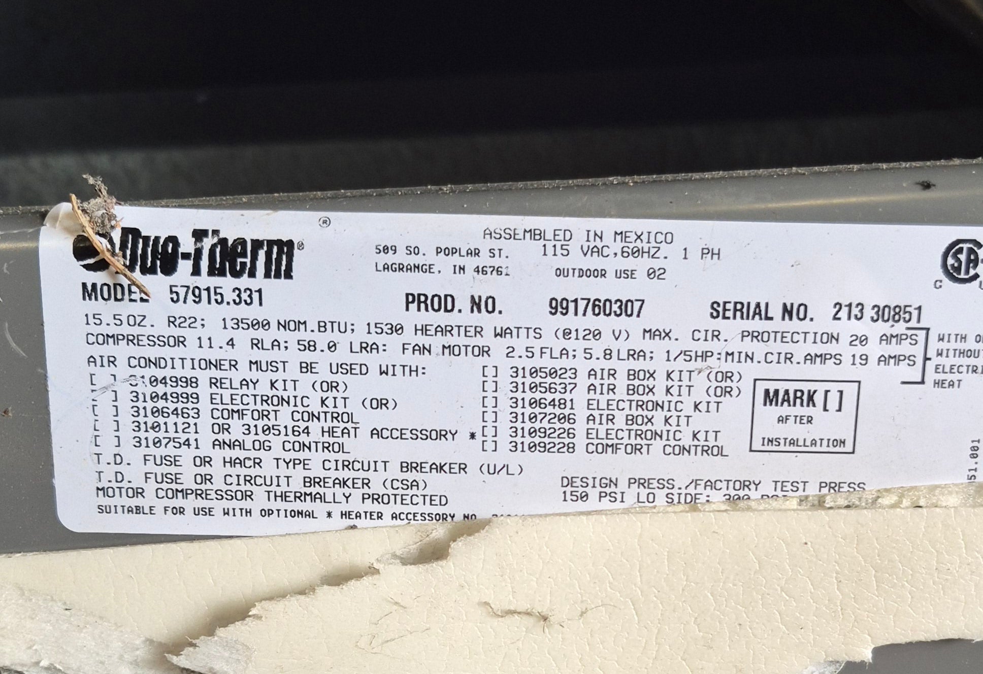 Used Duo - Therm Air conditioner Head Unit 57915.331 - 13500BTU Cool Only - Young Farts RV Parts