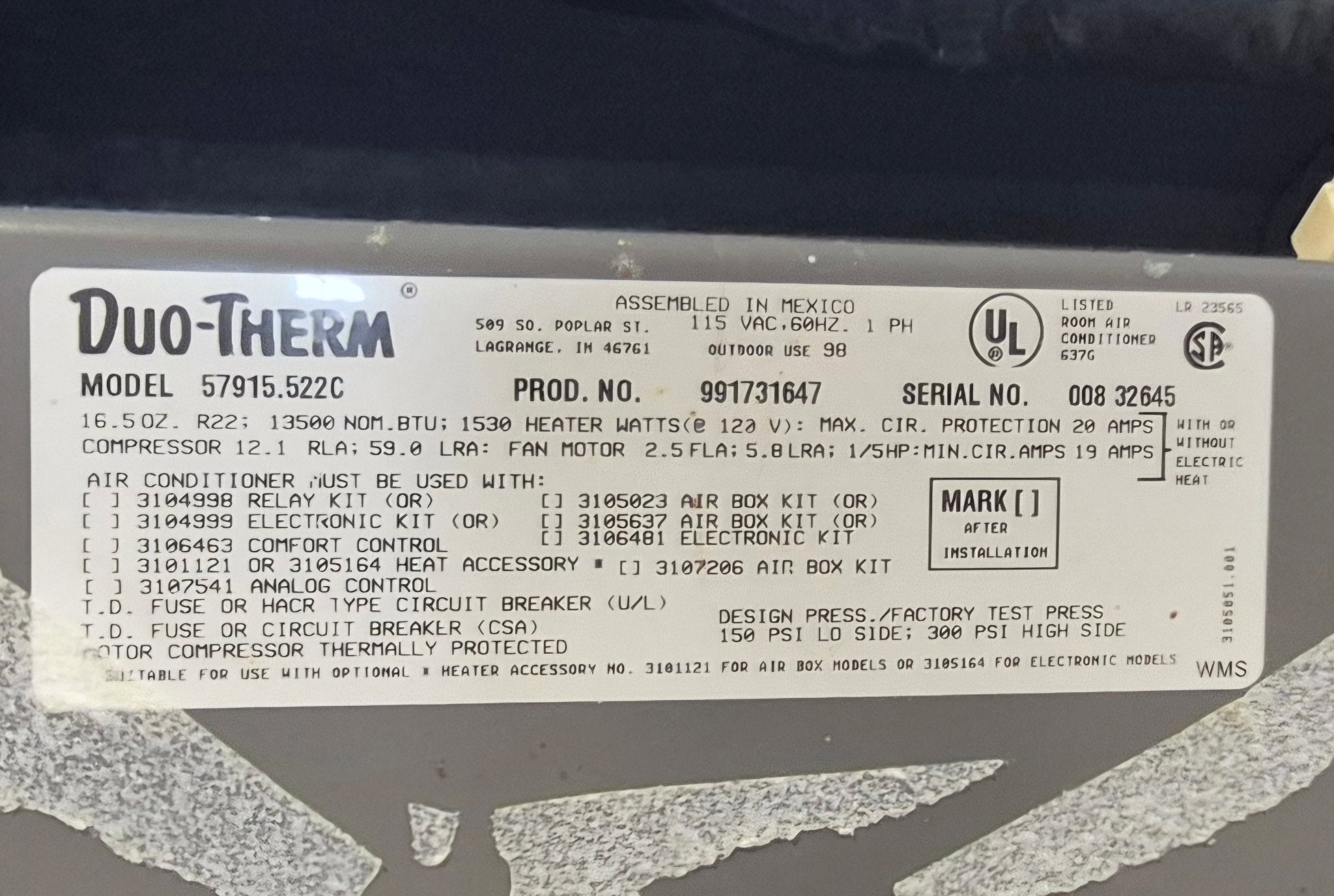 Used Duo - Therm Air conditioner Head Unit 57915.522C - 13500BTU Cool Only - Young Farts RV Parts