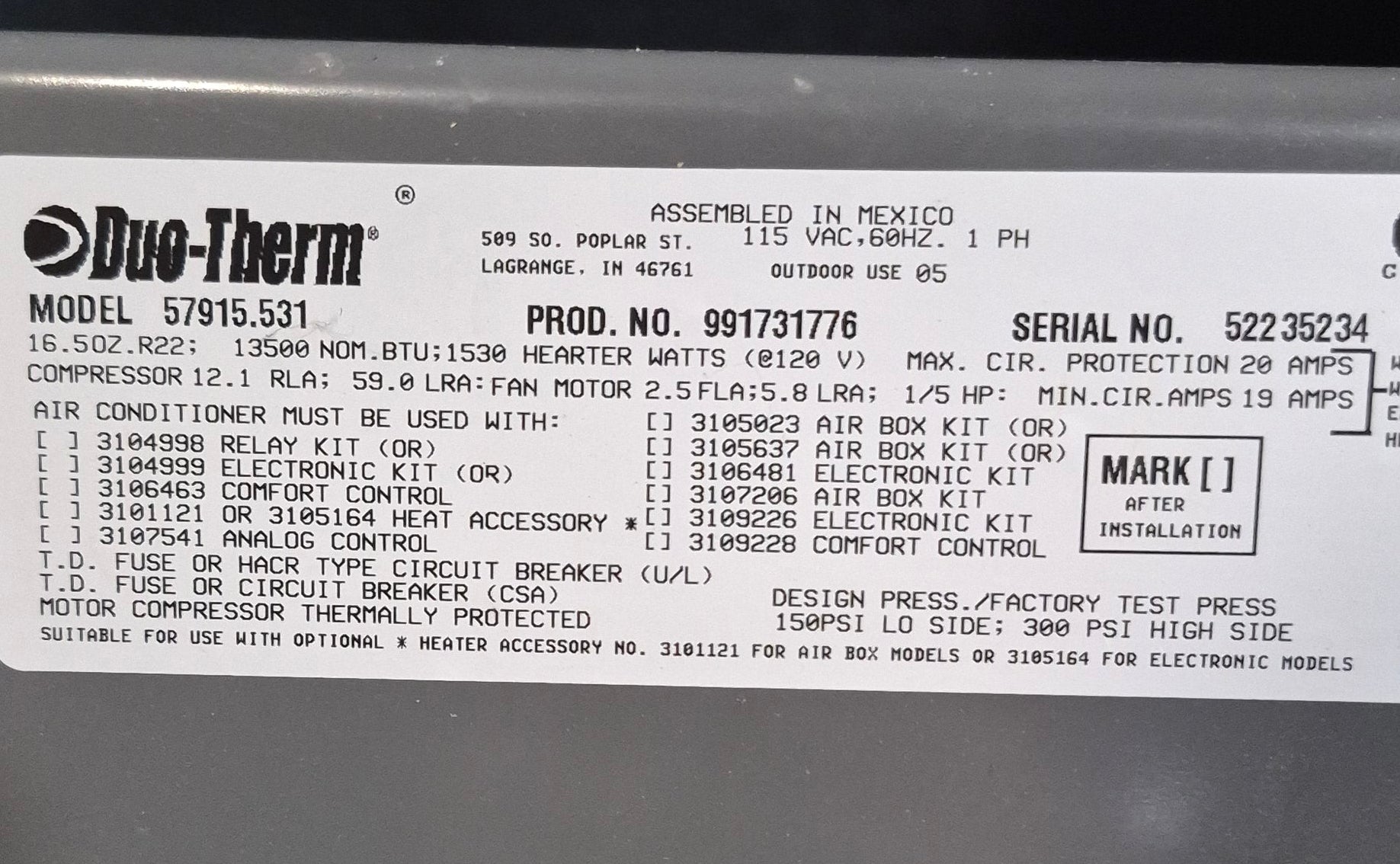 Used Duo - Therm Air conditioner Head Unit 57915.531 - 13500 BTU Cool Only - Young Farts RV Parts