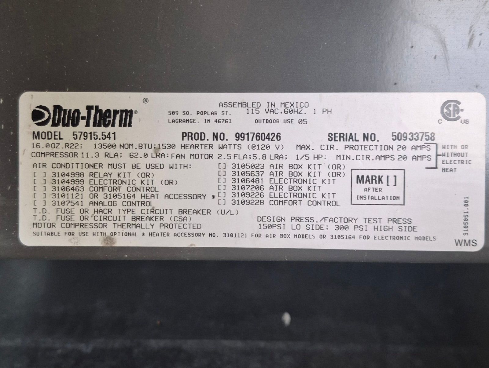 Used Duo - Therm Air Conditioner Head Unit 57915.541 - 13500 BTU Cool Only - Young Farts RV Parts